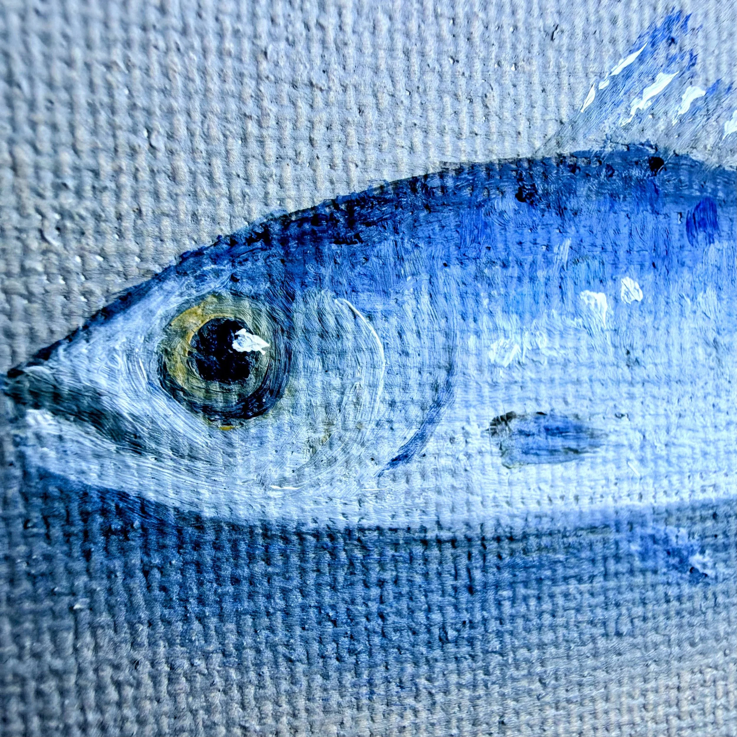 Small square sardine oil painting shown on canvas board, ready to frame or display as part of a collected wall.