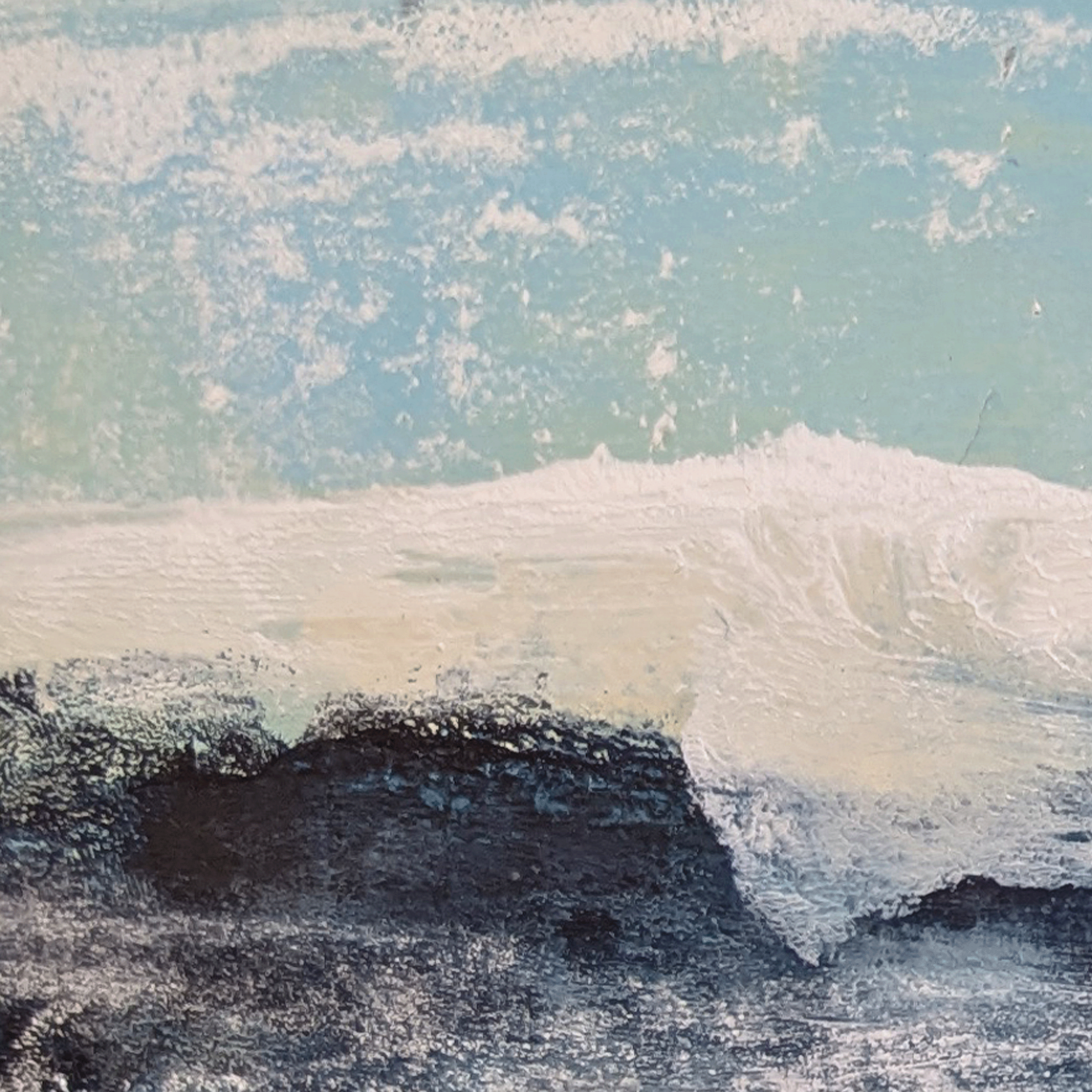 Close-up detail of Trace No. 03 showing blue, cream, white, and charcoal acrylic texture on paper