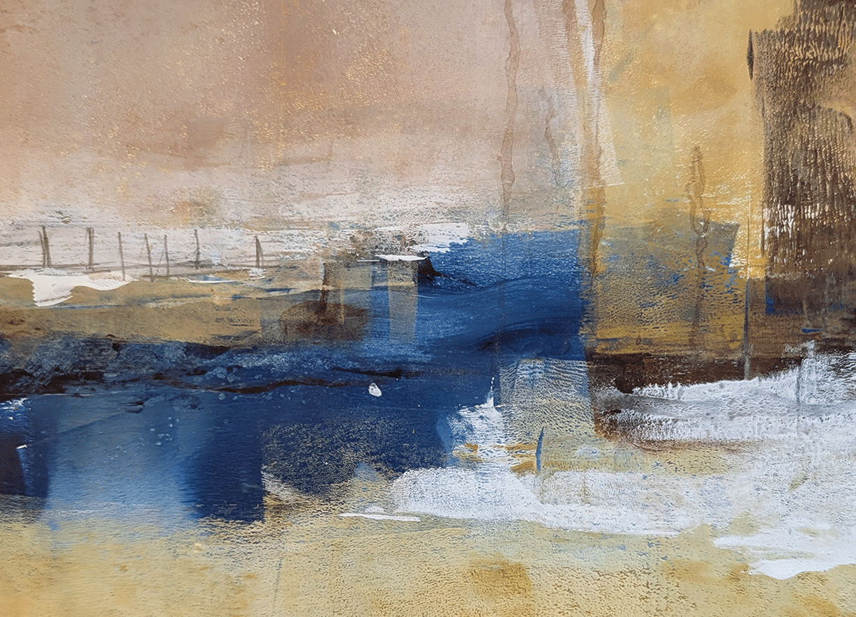 Abstract painting with shades of blue, beige, white, and hints of brown and gold.