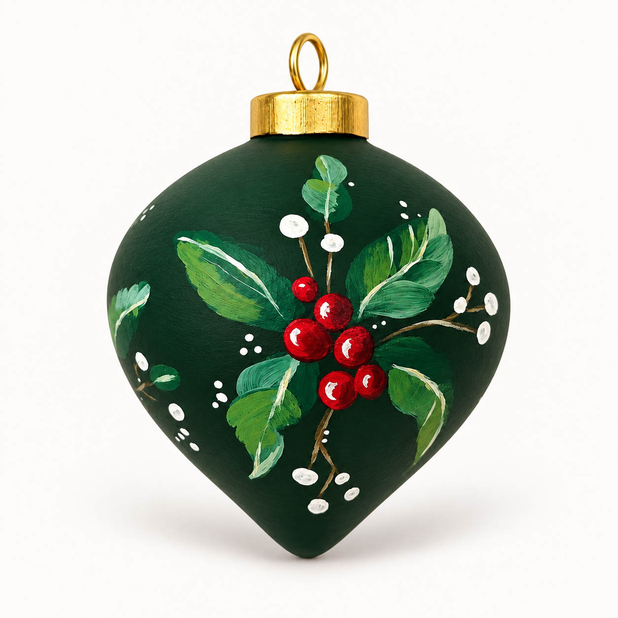 Forest green holly teardrop ornament.png