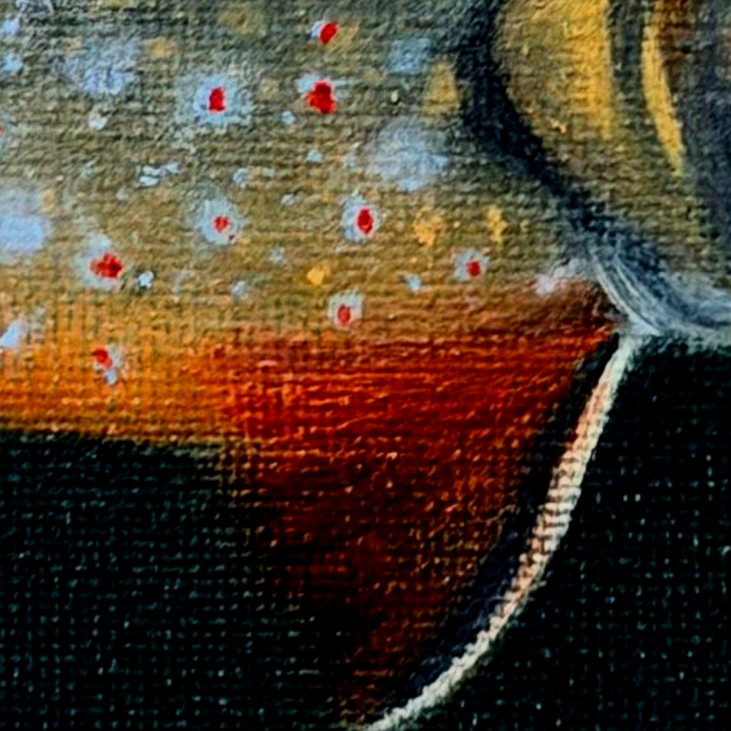 Close-up of a brook trout painted in oil with warm russet fins, golden speckles, tiny red and blue markings, reflective highlights, and visible canvas texture.