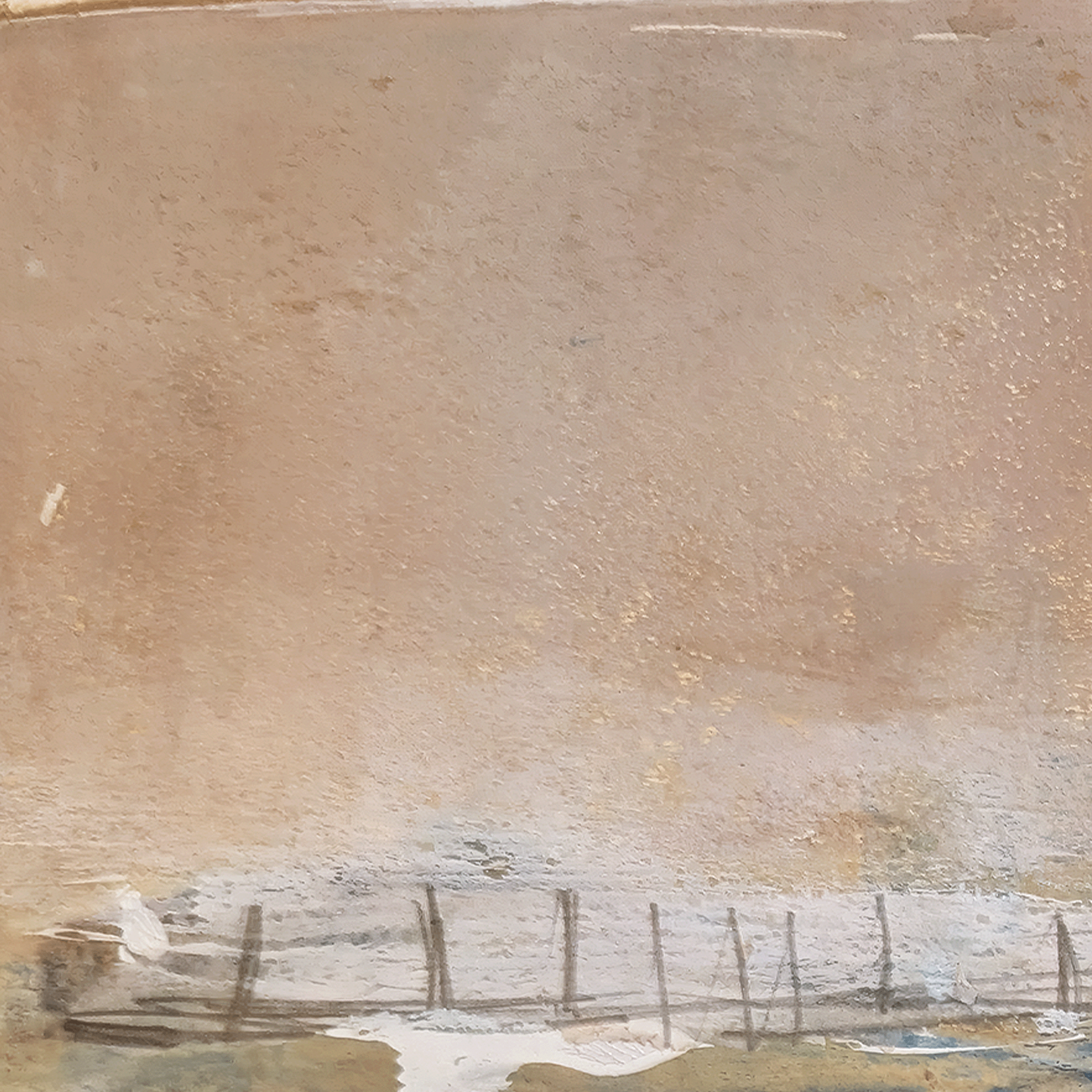 Close-up detail of Trace No. 01 showing blue, ochre, cream, white, and dark neutral acrylic texture on paper