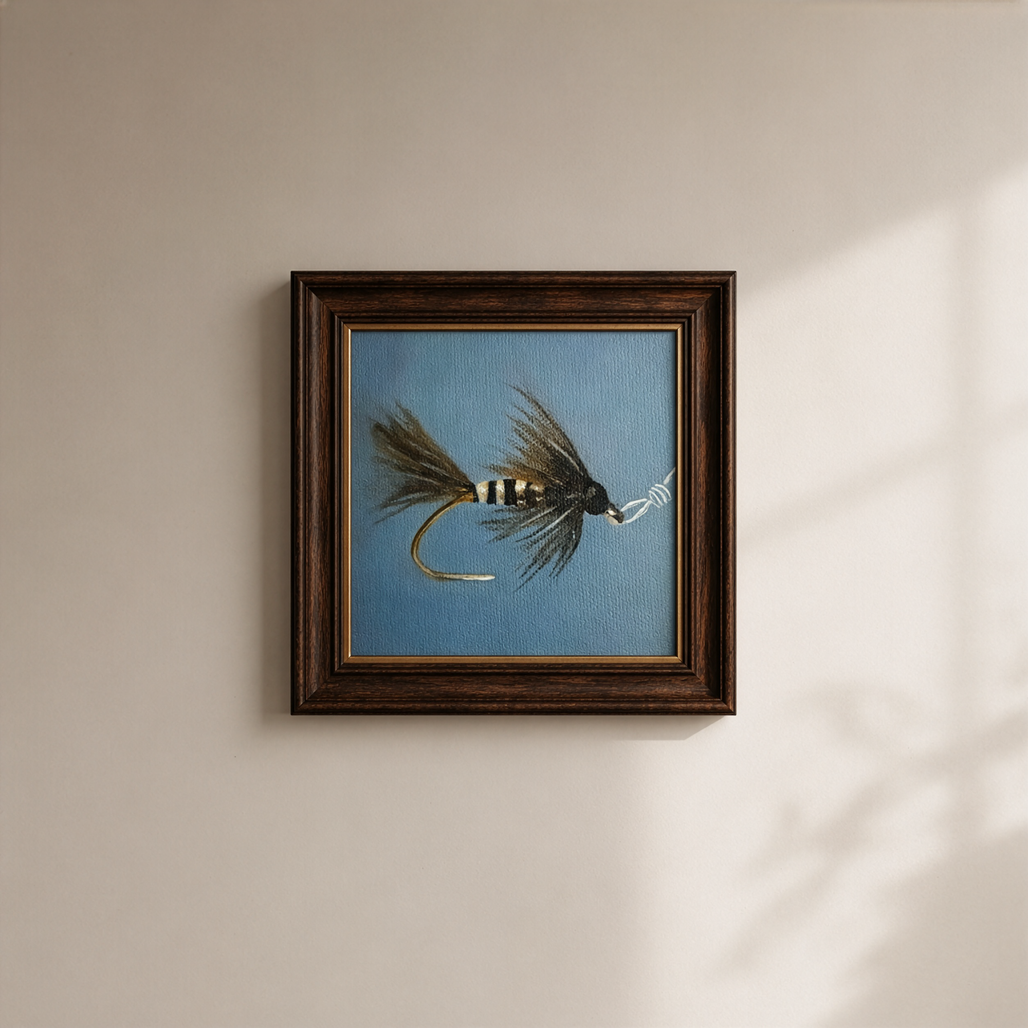 Fly Fishing Lure Mini Still Life Painting original 4 x 4 oil painting by Tricia Sauls shown unframed
