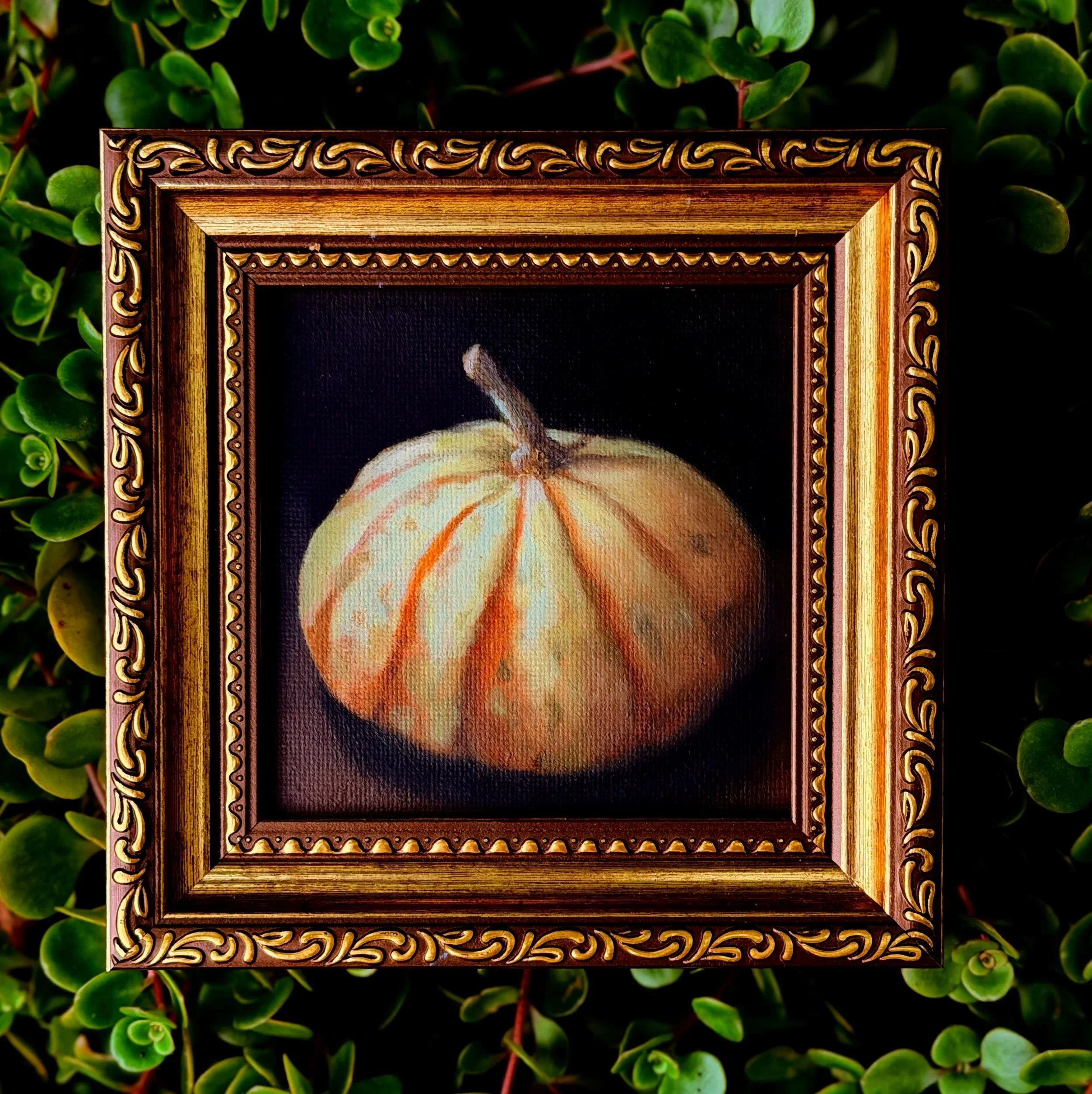 Small square gourd oil painting shown on canvas board, ready to frame or display as part of a seasonal shelf, kitchen, or collected wall grouping.