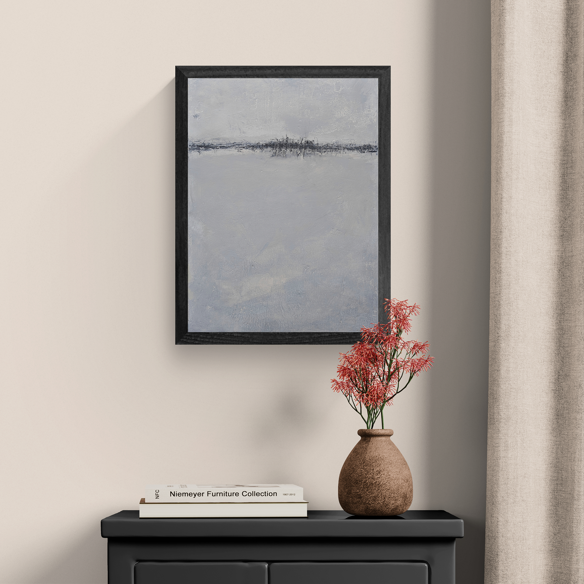 Medium abstract landscape painting displayed in a quiet modern interior with gray-blue, warm white, charcoal, and pale neutral tones.