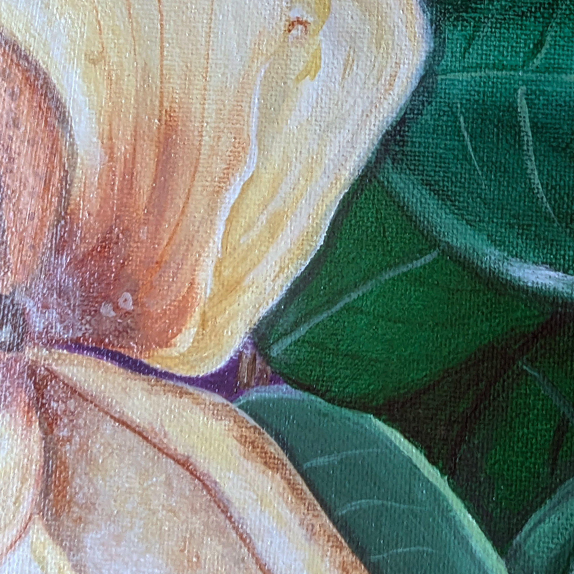 Close-up detail of Magnolia Flower Wilting showing magnolia petals, green leaves, and acrylic brushwork on canvas