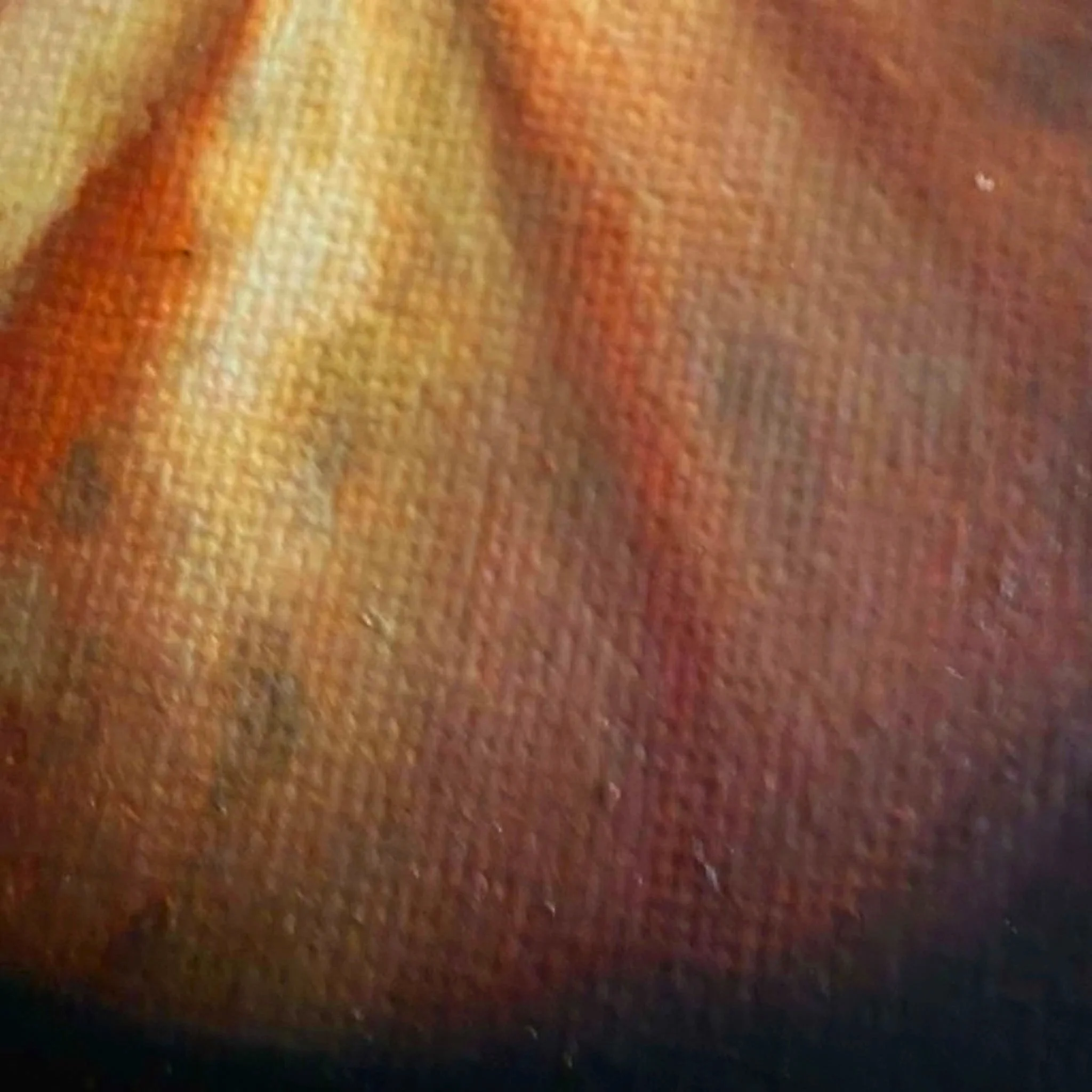 Close-up of a miniature gourd painted in oil with warm yellow and peach tones, soft ridges, subtle highlights, and visible canvas texture.