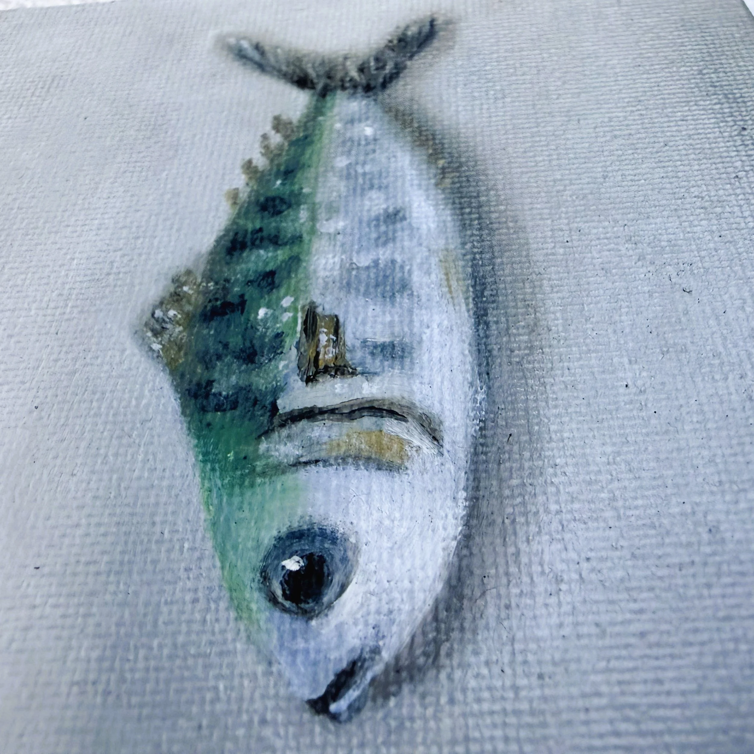 Close-up of a miniature fish painted in oil with green-silver tones, loose brushwork, subtle markings, and visible canvas texture.