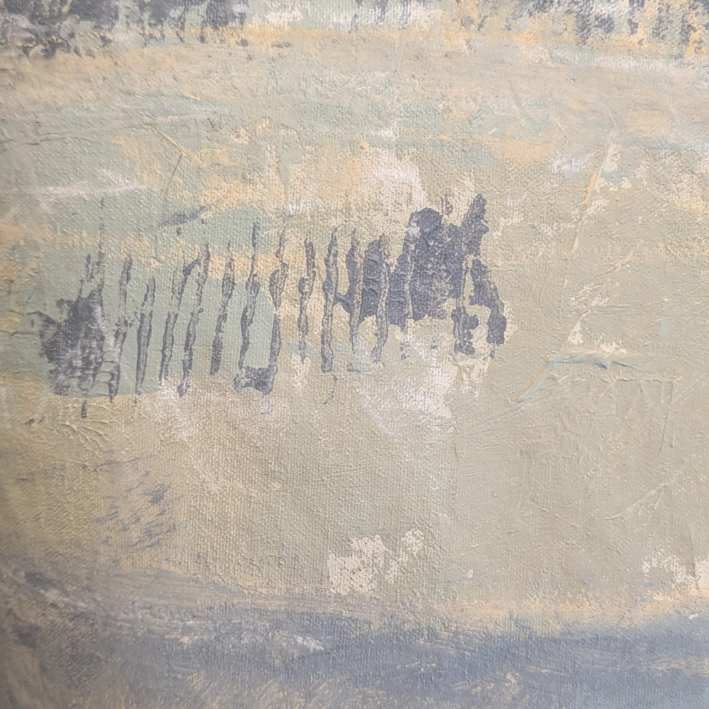 Close-up of textured acrylic paint with gray-blue, sand, warm white, charcoal marks, scraped texture, and layered canvas surface.