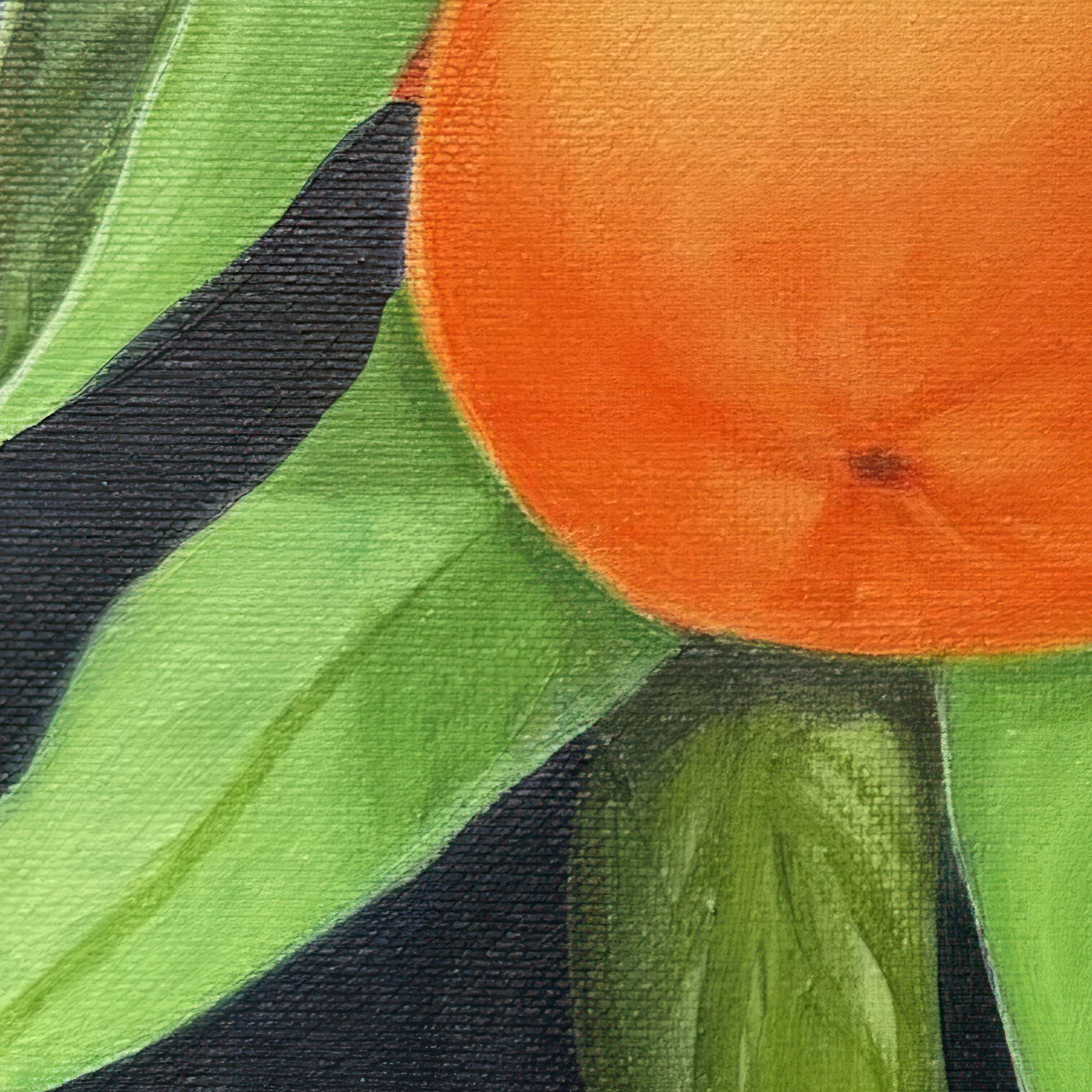 Close-up detail of Orange Blossom Still Life Painting showing acrylic brushwork, orange fruit, white blossom, and green leaves