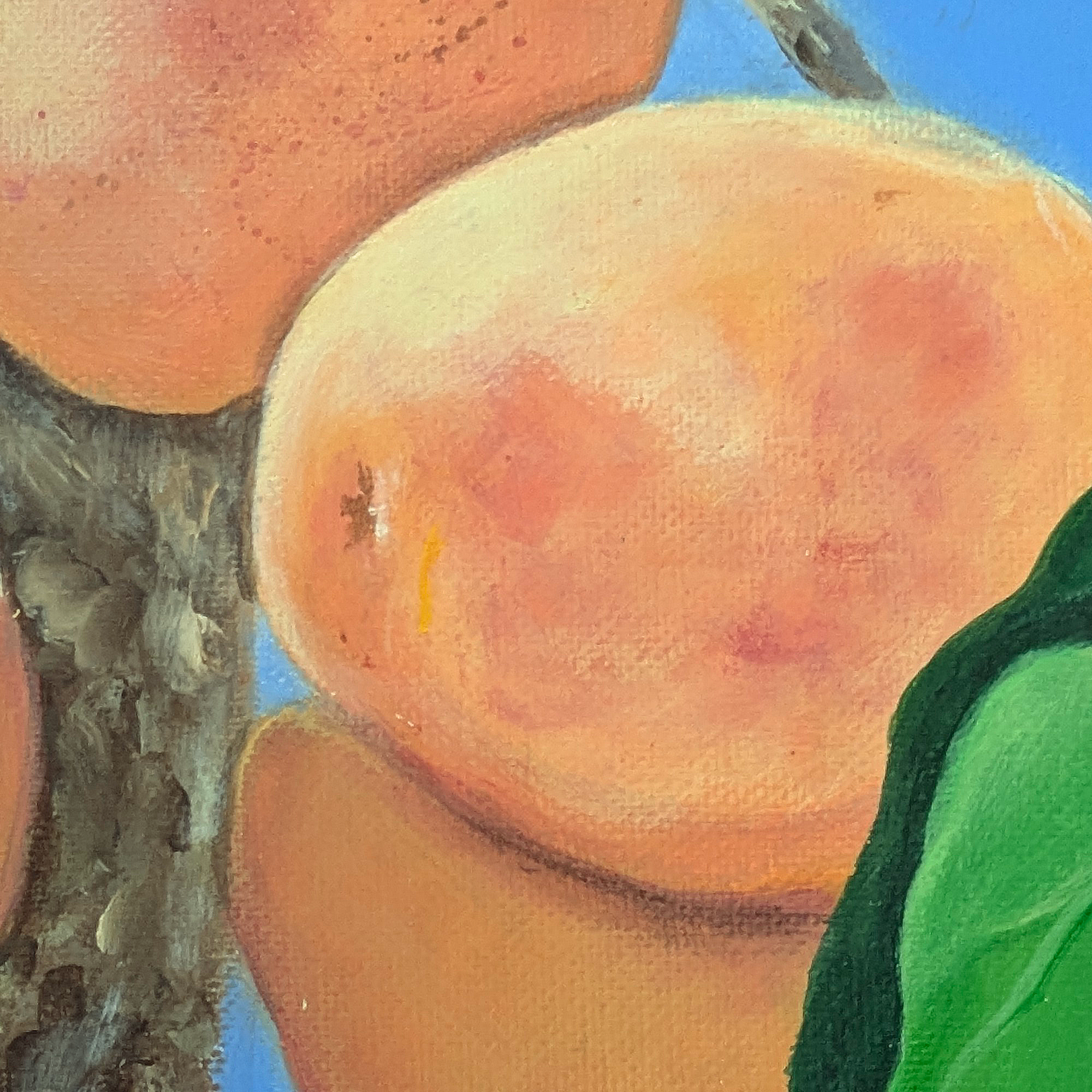 Peach Branch Still Life Painting original acrylic painting by Tricia Sauls shown unframed on canvas