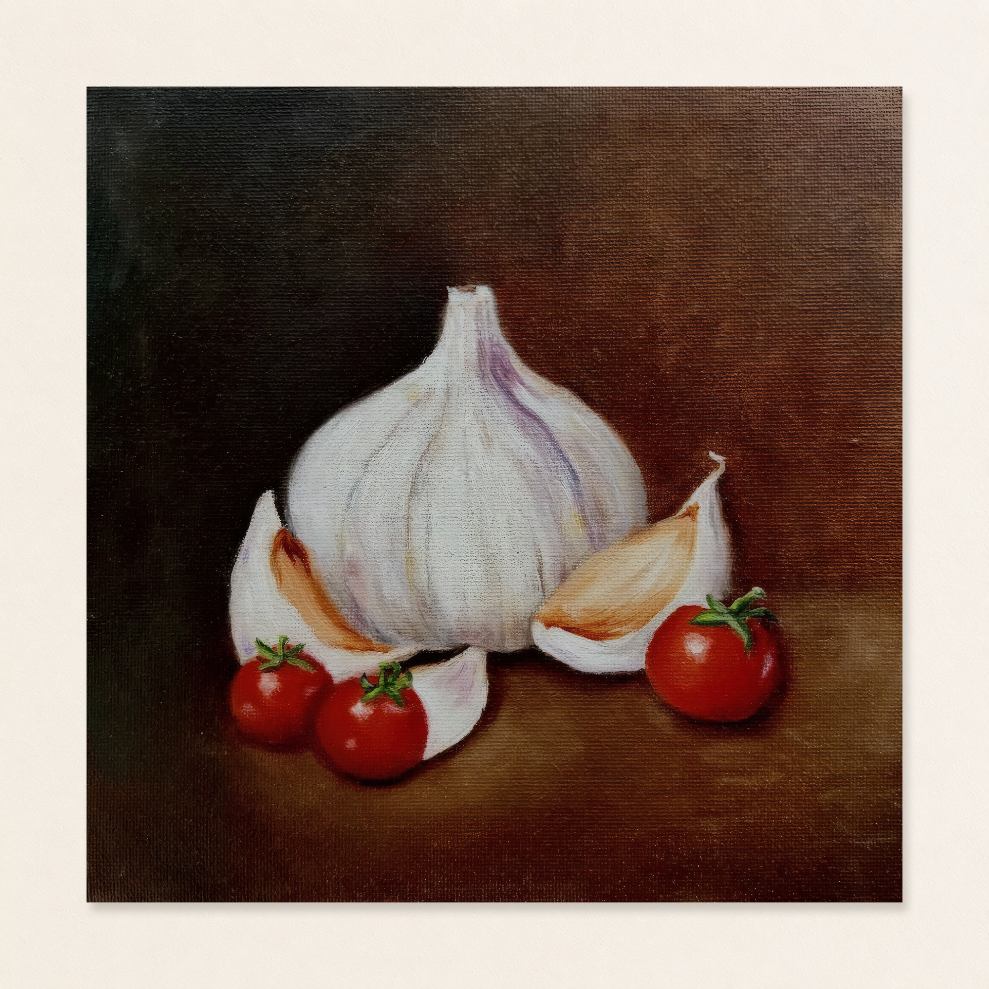 Garlic Bulb Still Life Painting original oil painting by Tricia Sauls, featuring a garlic bulb, peeled cloves, and red tomatoes