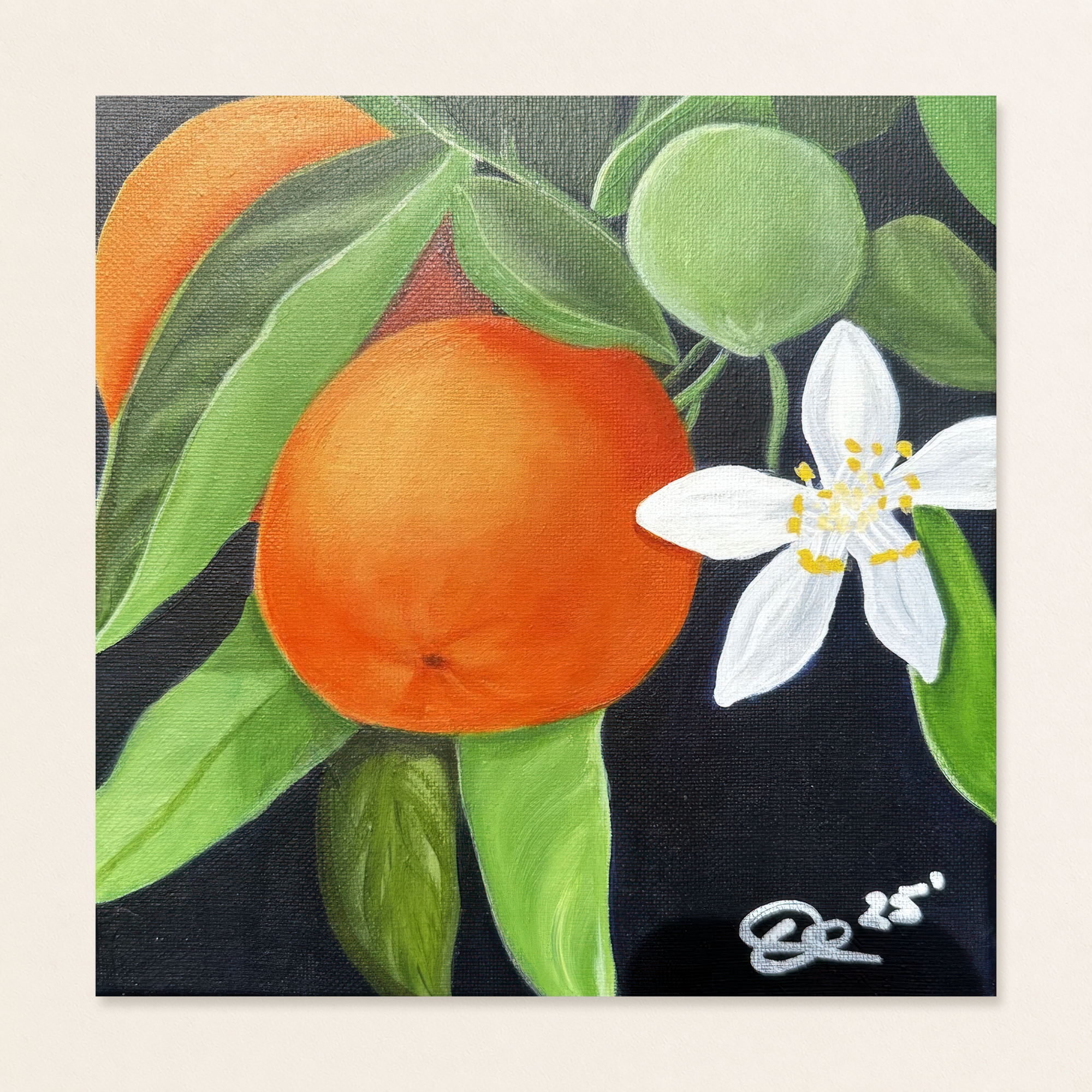 Orange Blossom Still Life Painting by Tricia Sauls shown framed in a room mockup for scale and styling reference