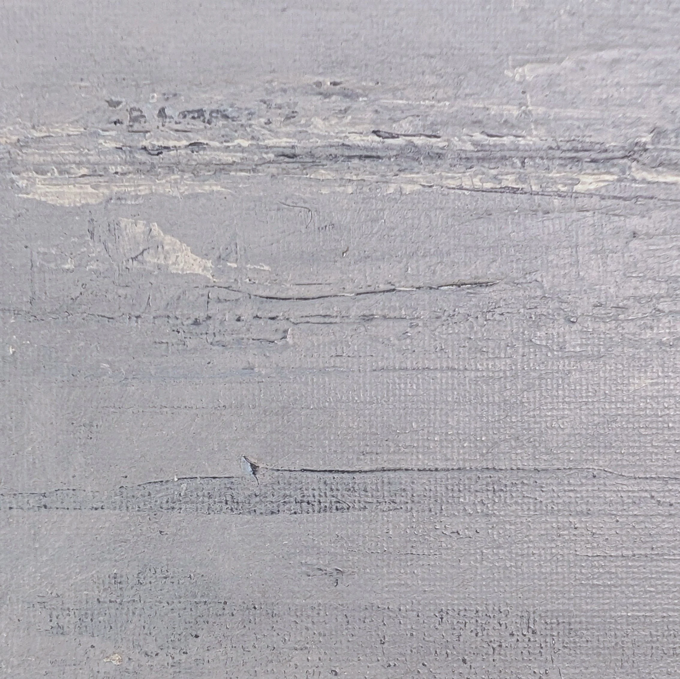 Close-up of textured acrylic paint with pale gray-blue, warm white, soft neutral marks, and subtle scraped surface texture.