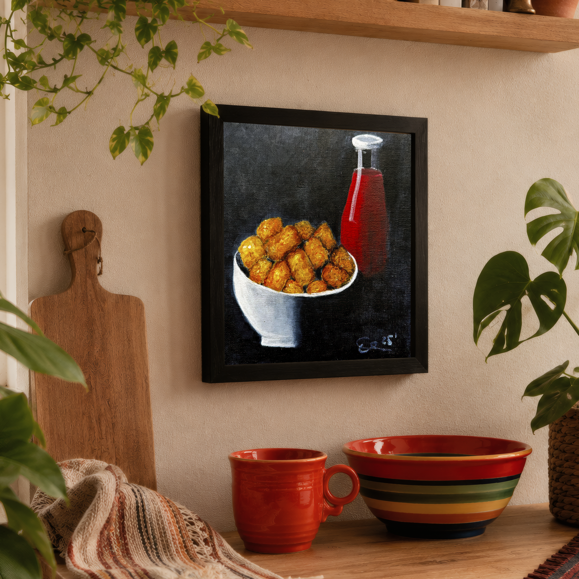 Close-up detail of Tater Tots Still Life Painting showing golden tater tots, red bottle, and acrylic brushwork