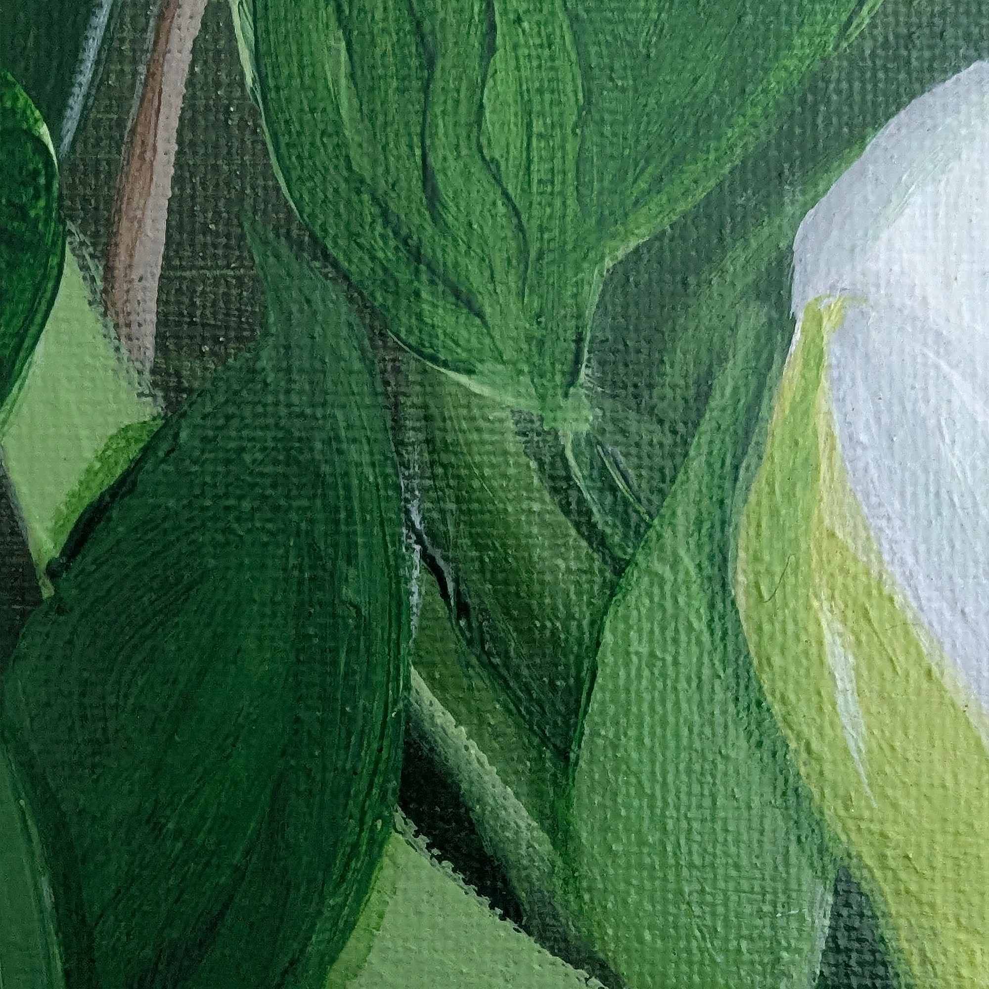 Close-up detail of Gardenia Floral showing white gardenia blossoms, green leaves, and acrylic brushwork on canvas