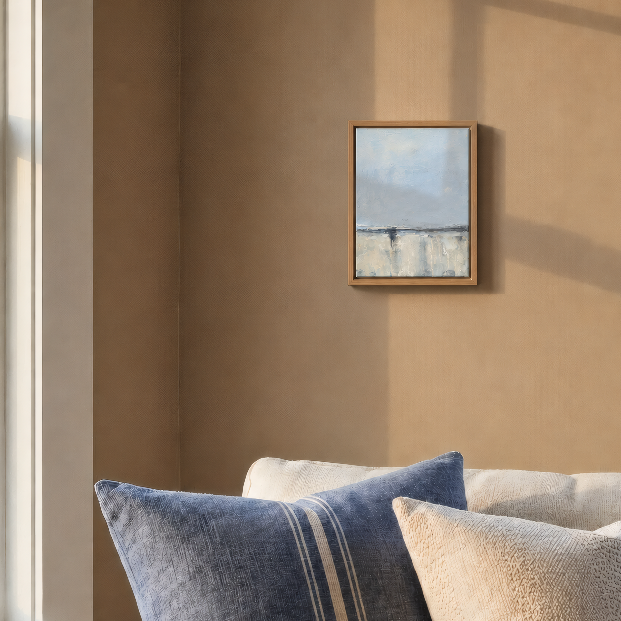 Presentation/framed image: Original 11 x 14 abstract landscape painting on stretched canvas with a quiet coastal palette and weathered horizontal composition.
