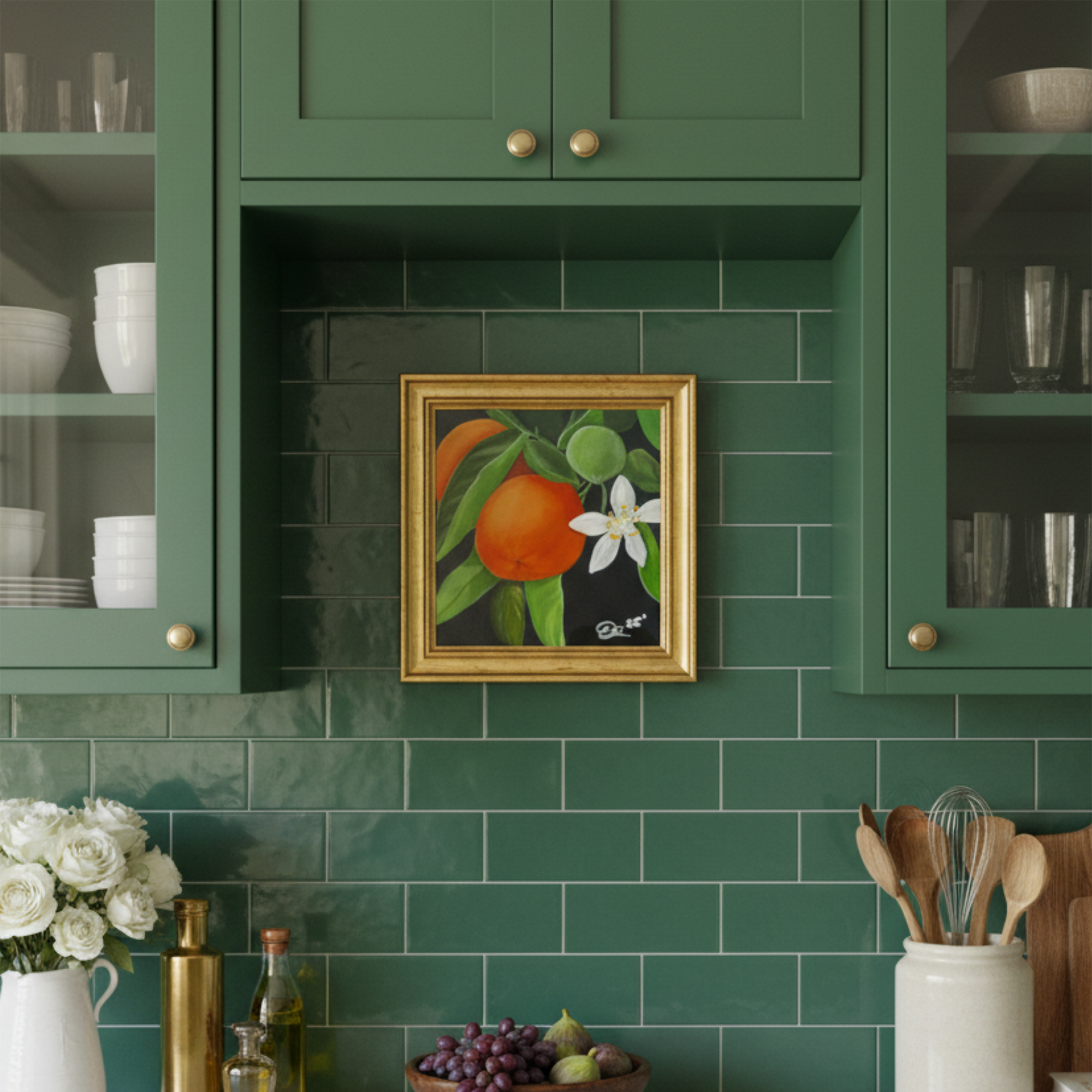 Orange Blossom Still Life Painting by Tricia Sauls shown framed in a room mockup for scale and styling reference