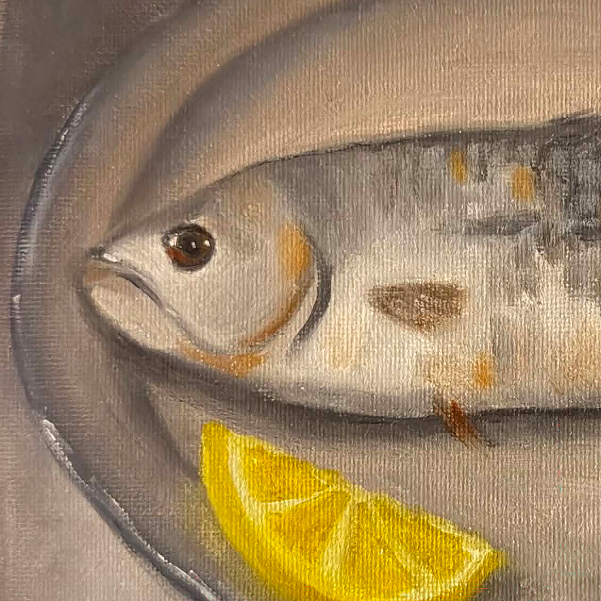 Close-up detail of Fish on Plate Still Life Painting showing oil brushwork, fish, lemon wedge, and plate