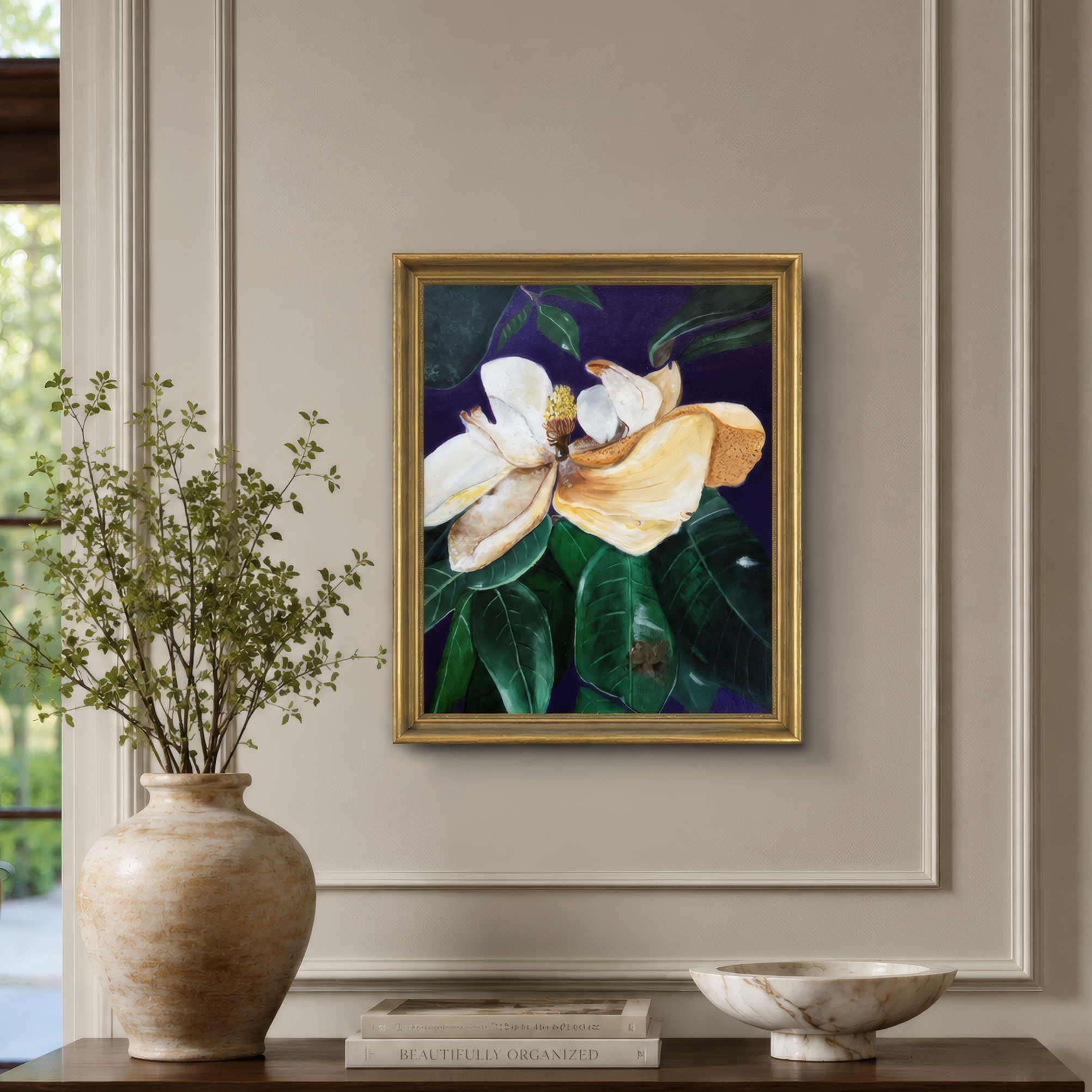 Magnolia Flower Wilting by Tricia Sauls shown framed in a room mockup for scale and styling reference