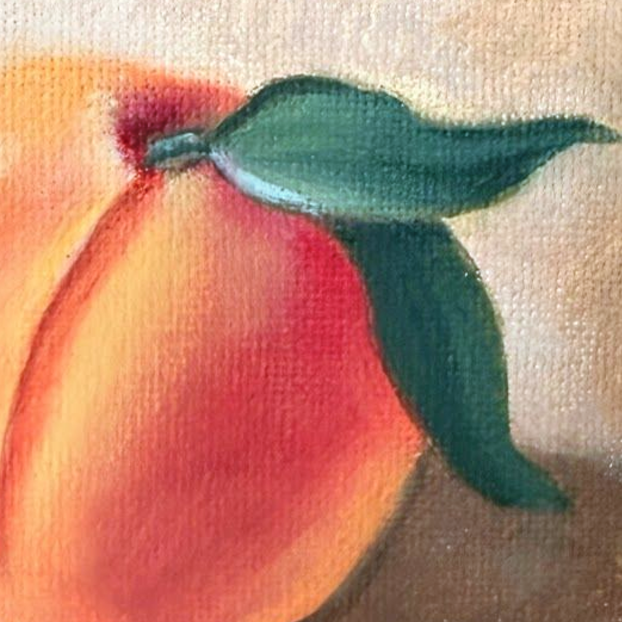 Close-up detail of Peach Mini Still Life Painting showing oil brushwork, peach form, green leaves, and warm canvas texture