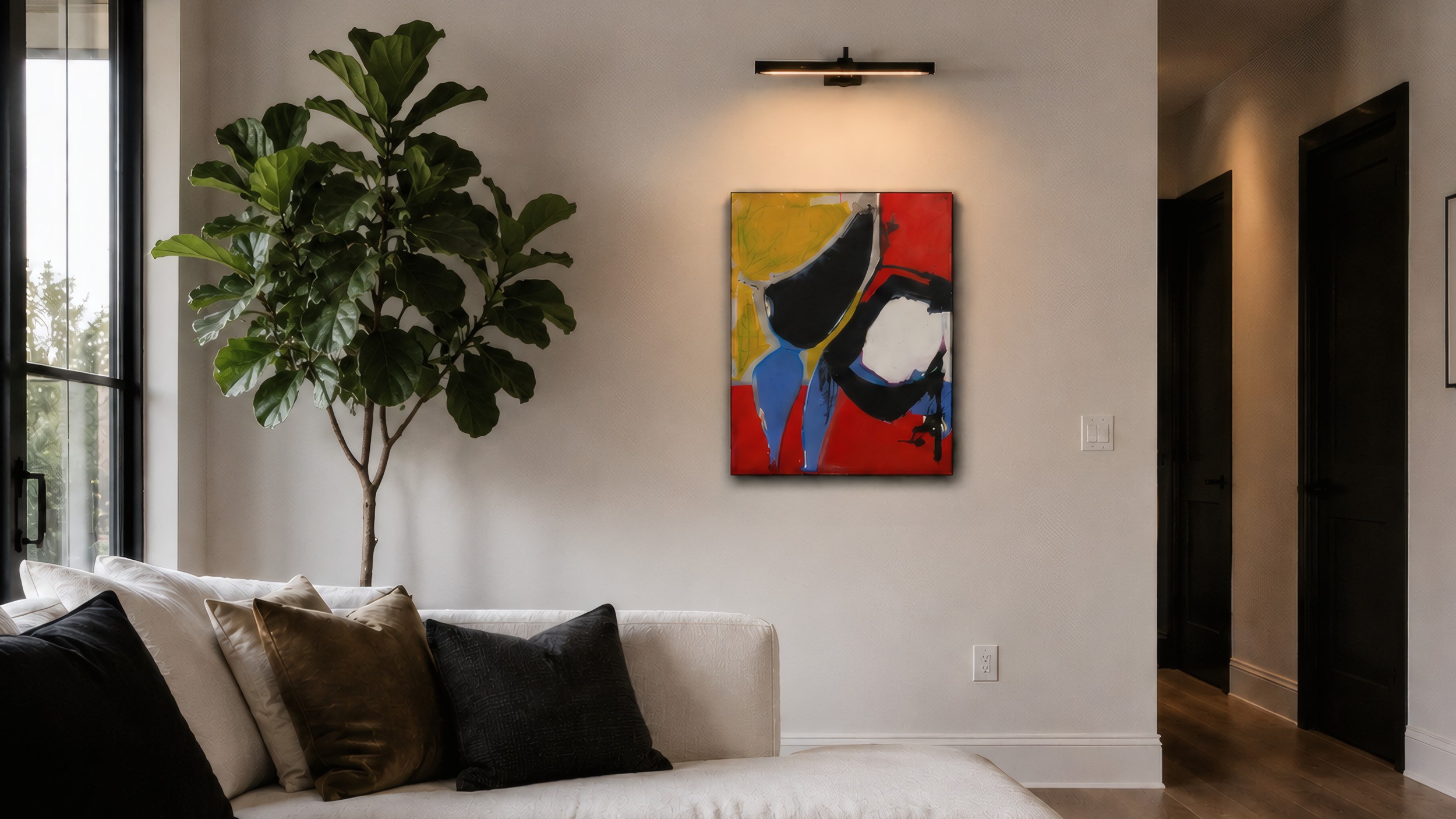Large abstract painting displayed in a modern interior, showing scale and placement for original art in a living room.