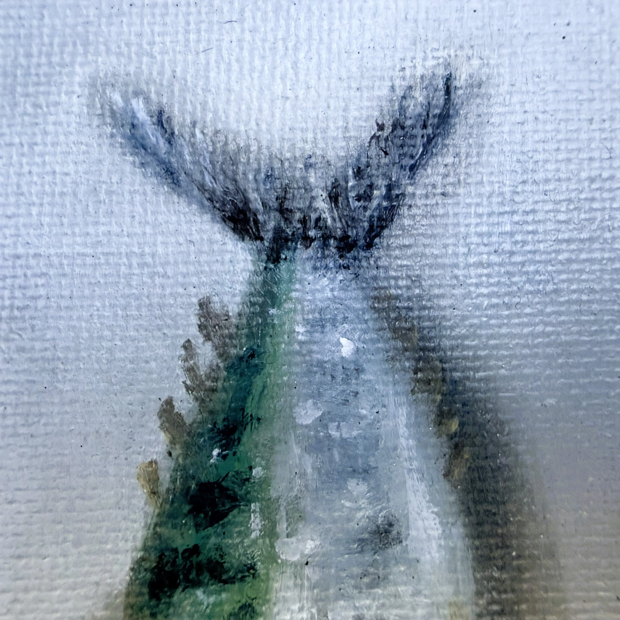 Close-up of a miniature fish painted in oil with green-silver tones, loose brushwork, subtle markings, and visible canvas texture.