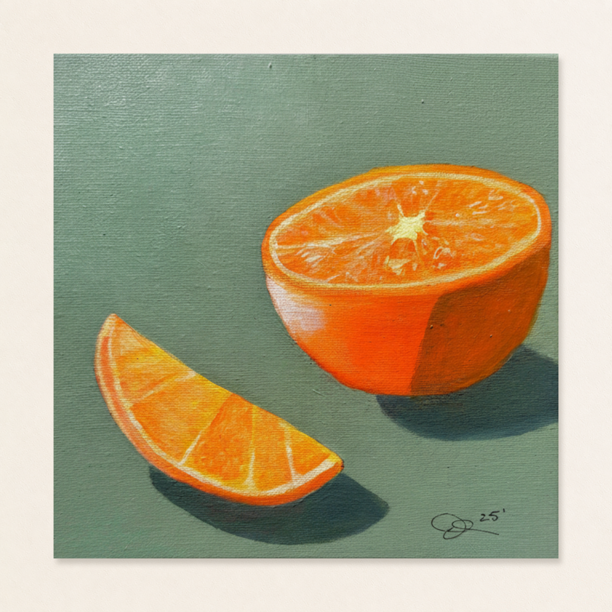 Orange Slice Still Life Painting original acrylic painting by Tricia Sauls, featuring a halved orange and citrus slice on a green background