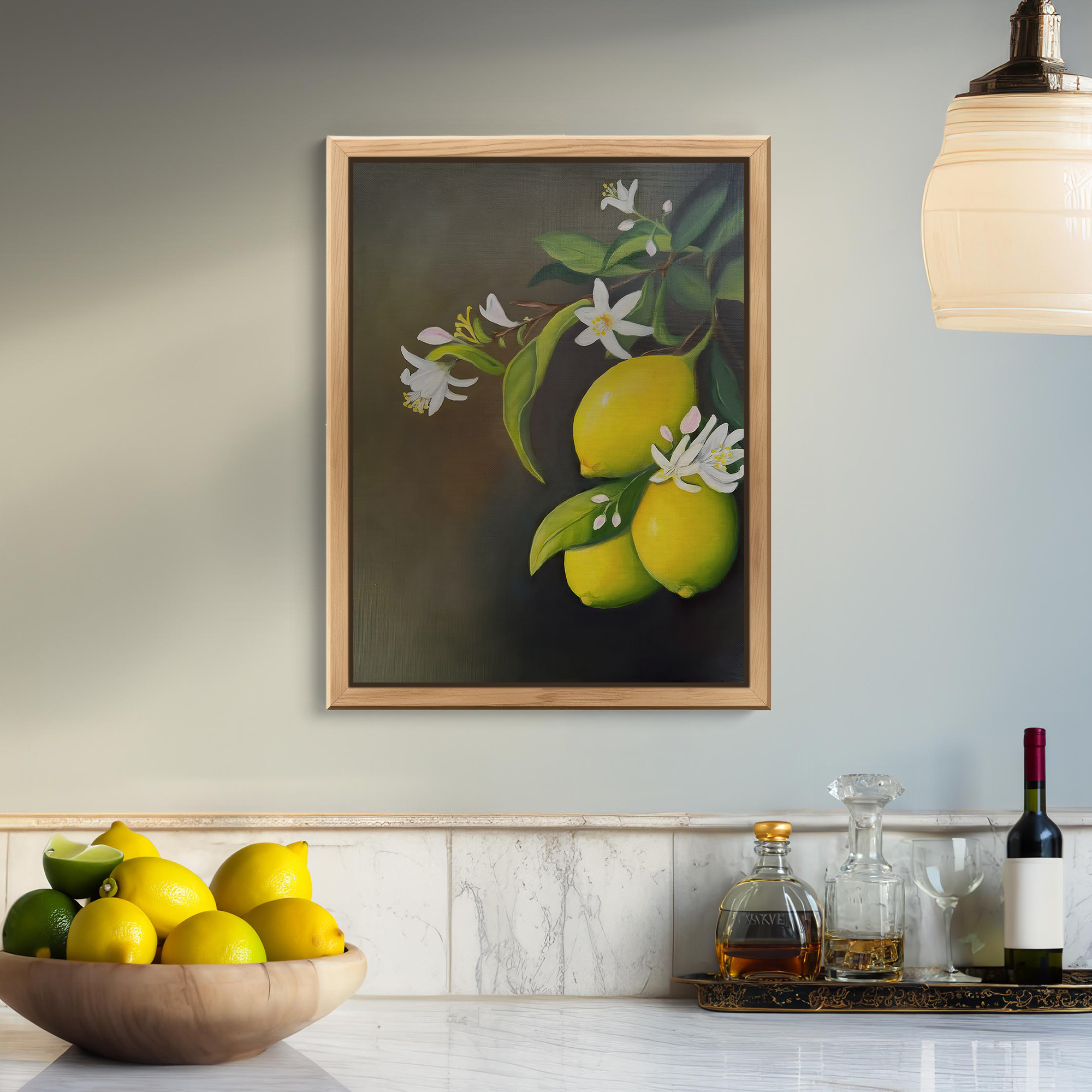 Lemon Branch Still Life Painting by Tricia Sauls shown framed in a room mockup for scale and styling reference