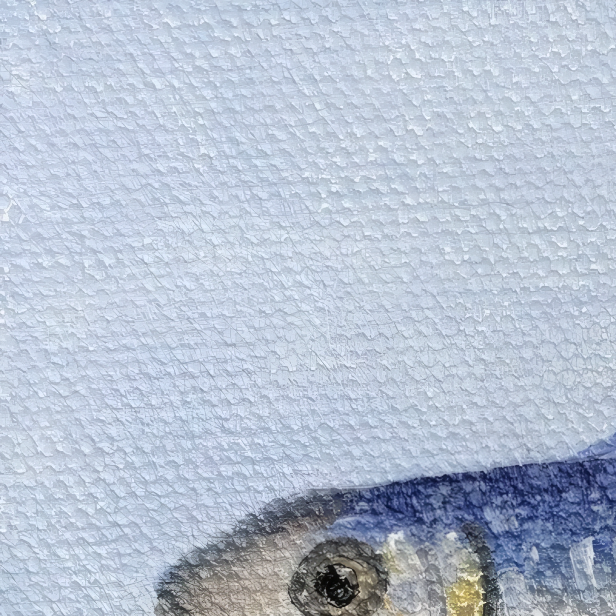 Close-up detail of Fish Mini Still Life Painting showing oil brushwork, fish form, and pale blue canvas texture