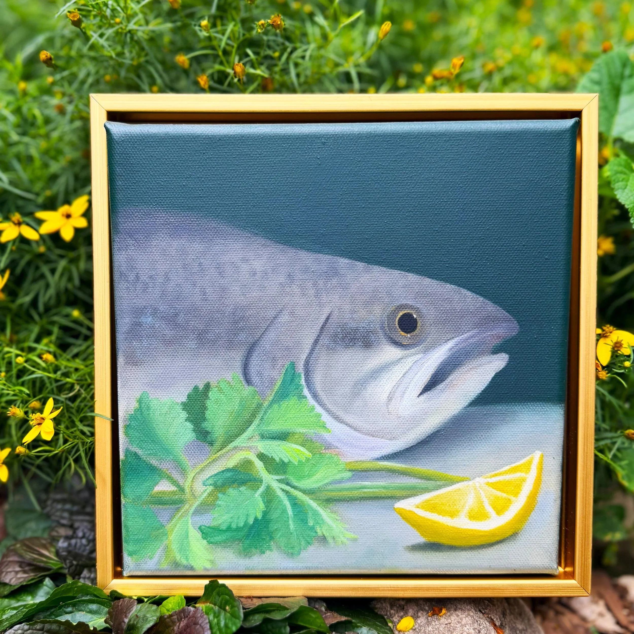 Square original fish oil painting shown on canvas, ready to hang, frame, or display as part of a kitchen or dining room art grouping.