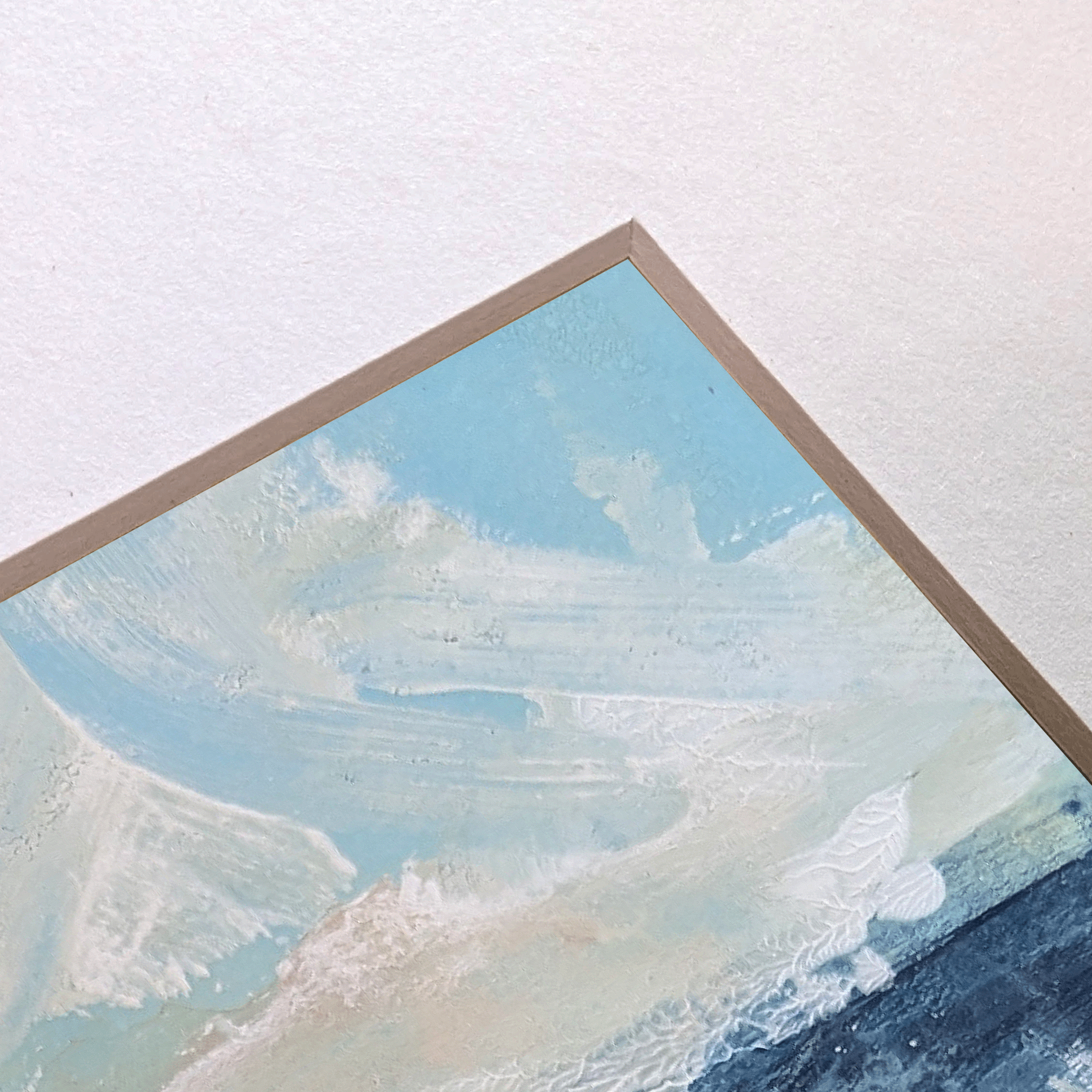Angled view of Trace No. 03 showing paper texture, mat edge, and layered abstract landscape surface