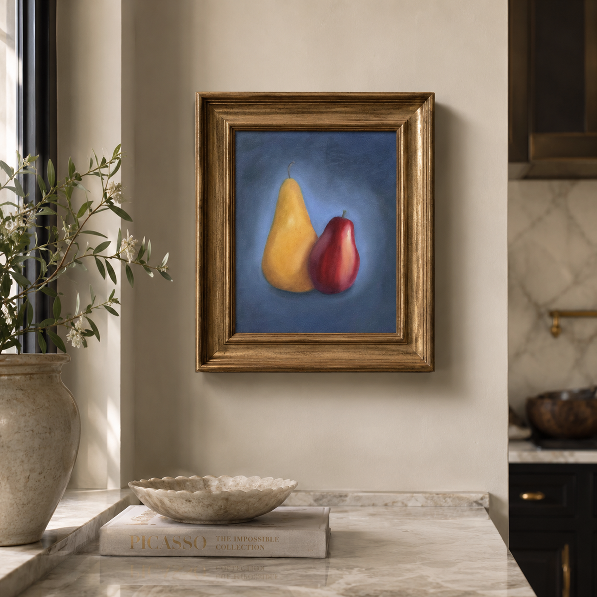 Two Pears Still Life Painting by Tricia Sauls shown framed in a room mockup for scale and styling reference