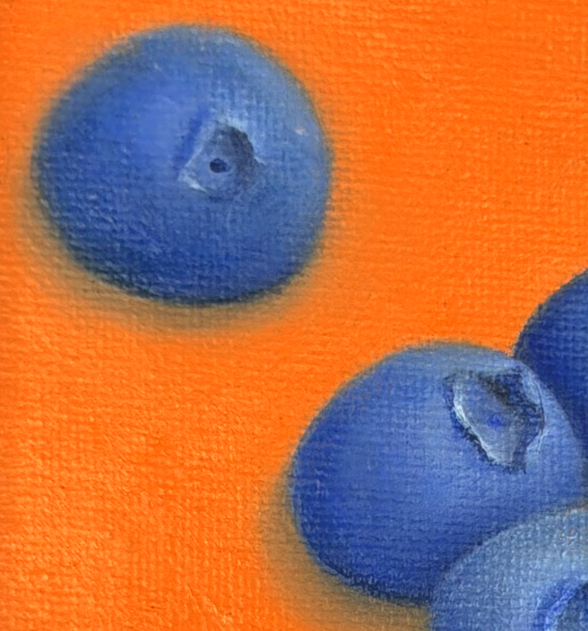 Close-up of blueberries painted in oil with saturated blue color, soft shadows, cool highlights, and visible canvas texture against a vivid orange ground.