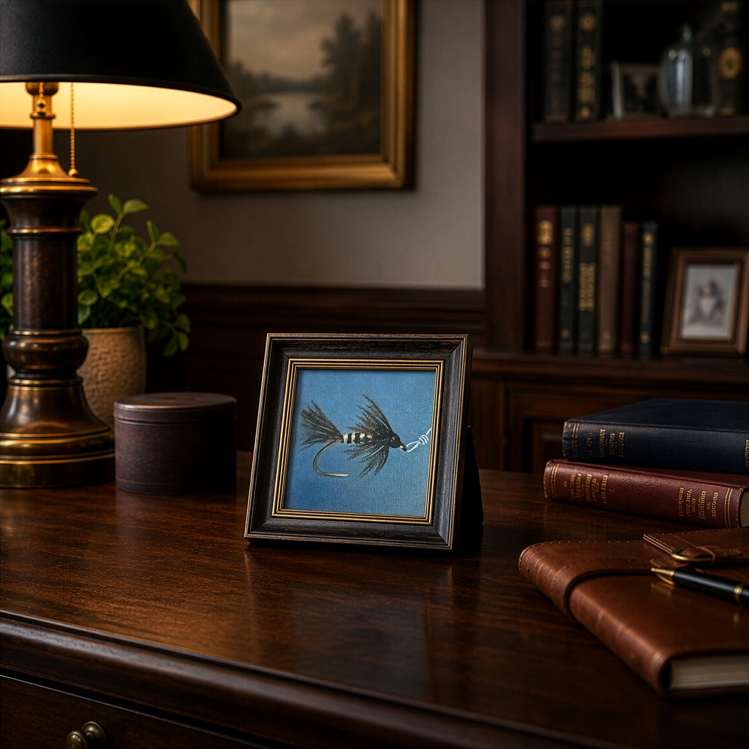 Fly Fishing Lure Mini Still Life Painting original 4 x 4 oil painting by Tricia Sauls shown unframed