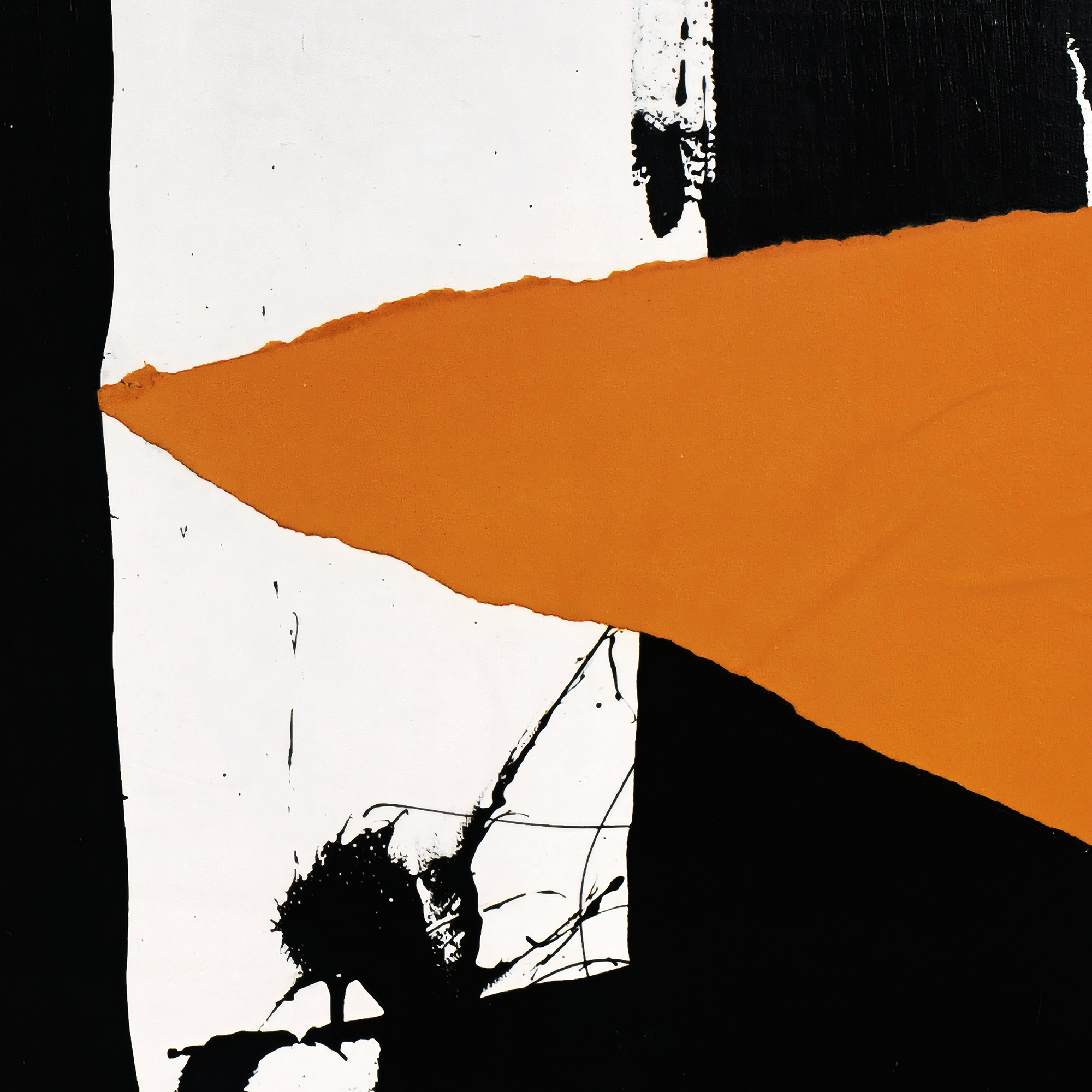 Close-up detail of Reset No. 05 | Disruption showing black acrylic marks, orange paint, white ground, and surface texture.