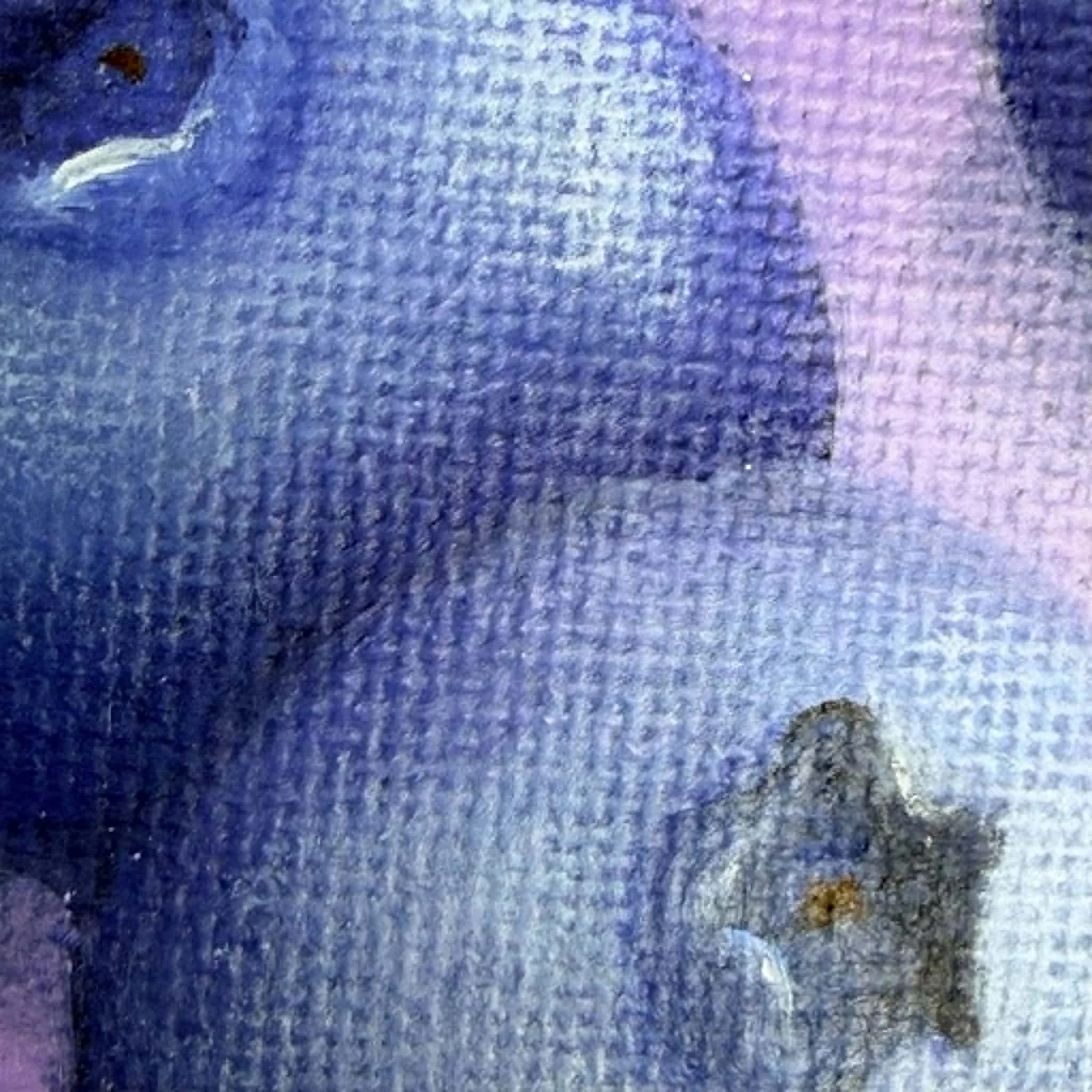 Close-up of three blueberries painted in oil with deep blue color, cool shadows, soft highlights, and visible canvas texture.