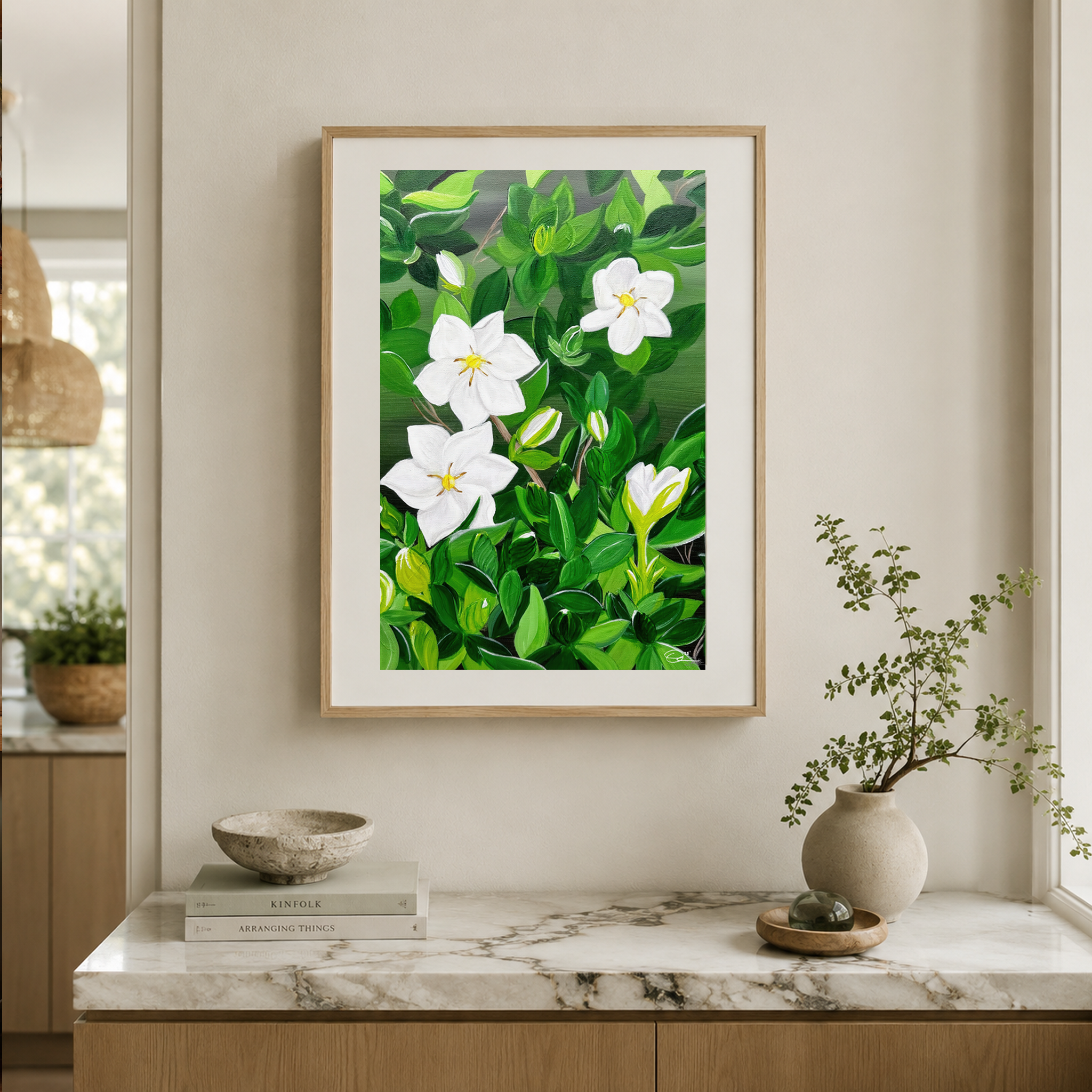 Gardenia Floral original acrylic painting by Tricia Sauls shown unframed on canvas