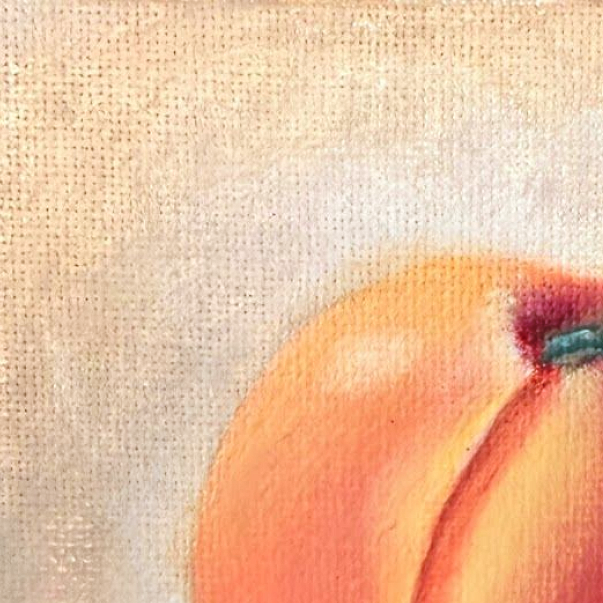 Close-up detail of Peach Mini Still Life Painting showing oil brushwork, peach form, green leaves, and warm canvas texture