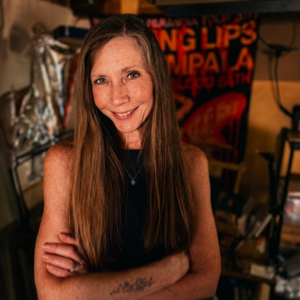 Tricia Sauls in her art studio with paintings and canvases in the background.