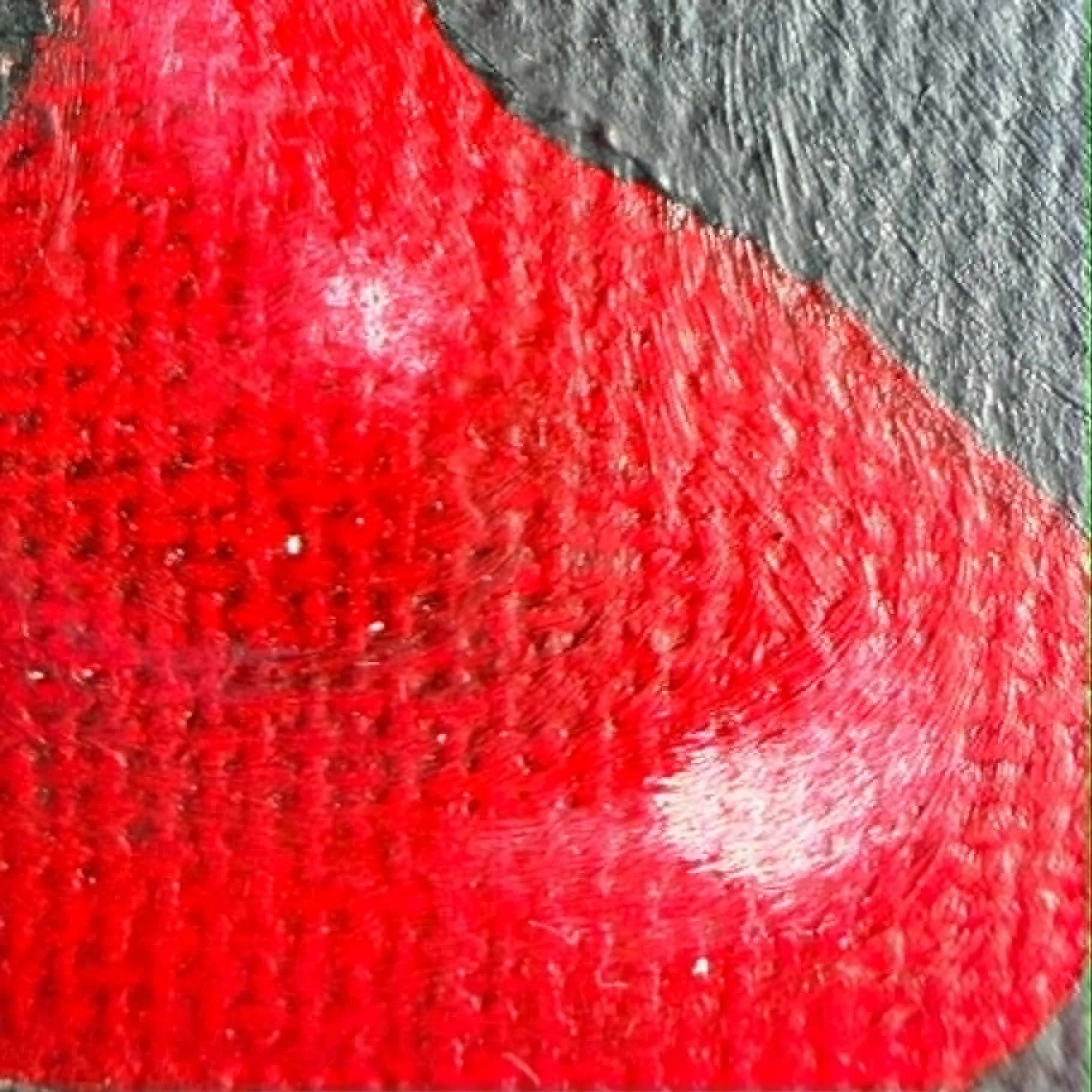 Close-up of tater tots painted in oil with warm golden texture, soft shadows, glossy red ketchup, and visible canvas surface.