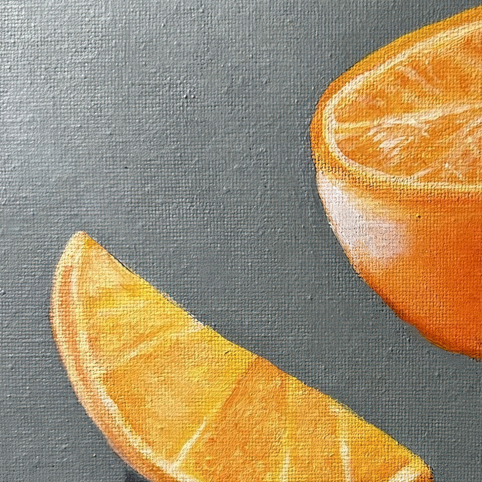 Orange Slice Still Life Painting by Tricia Sauls shown framed in a room mockup for scale and styling reference