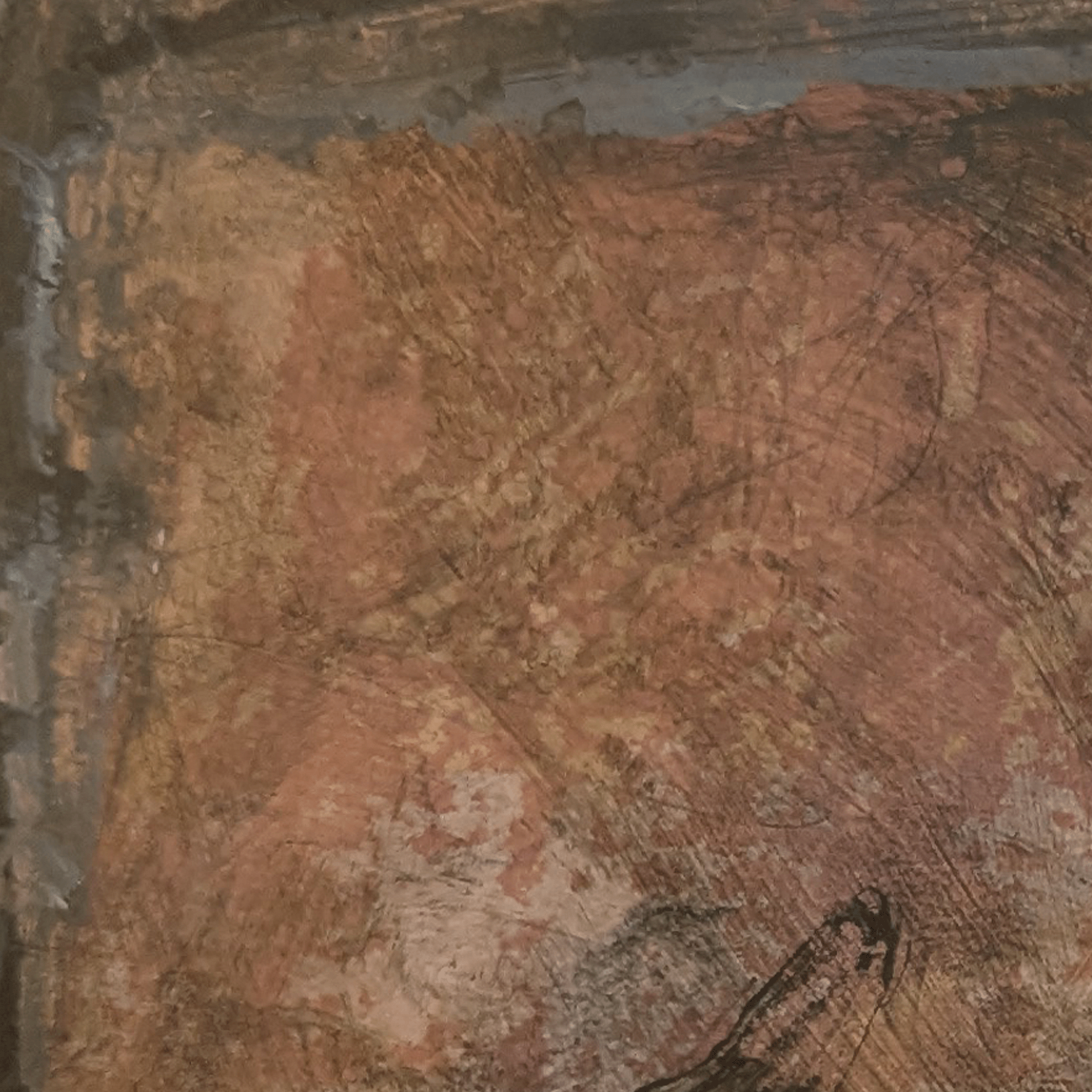 Close-up detail of Trace No. 04 showing brown, black, and gray acrylic texture with gestural marks on paper