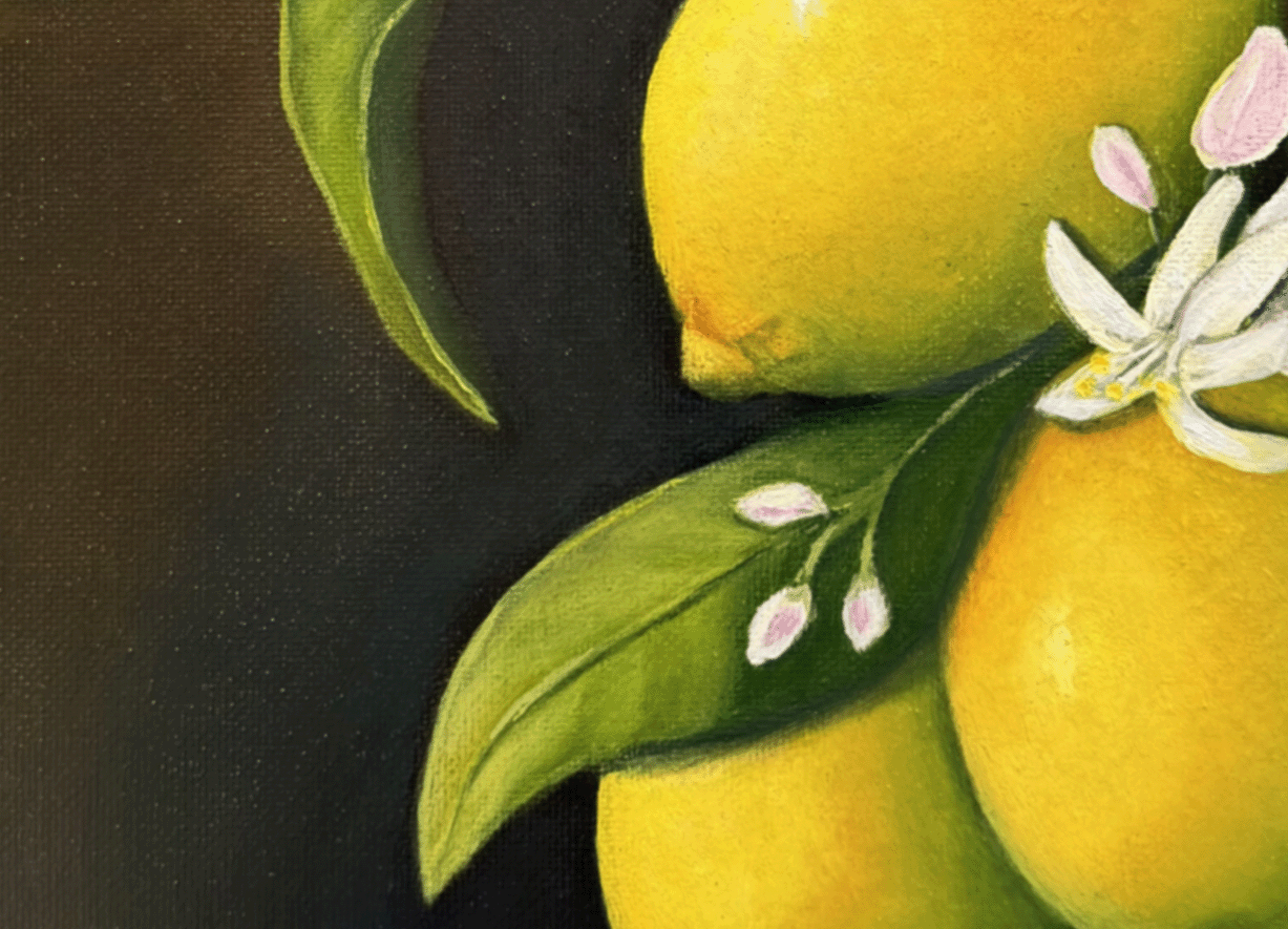 Close-up of a painting featuring two yellow lemons on green leaves with small white and pink flowers against a dark background.