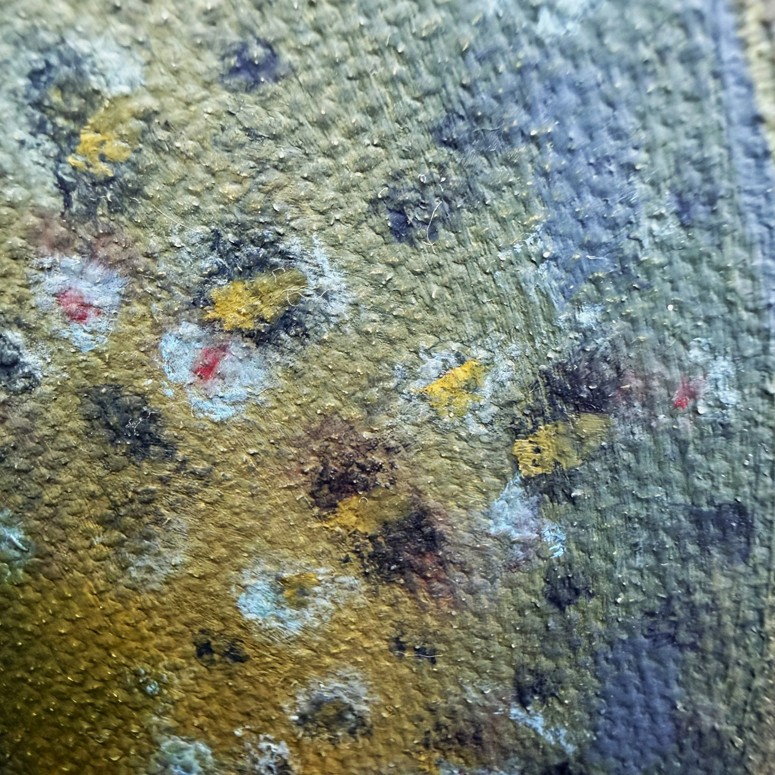 Close-up of a trout-like fish painted in oil with speckled markings, reflective highlights, a curled tail, and visible canvas texture.