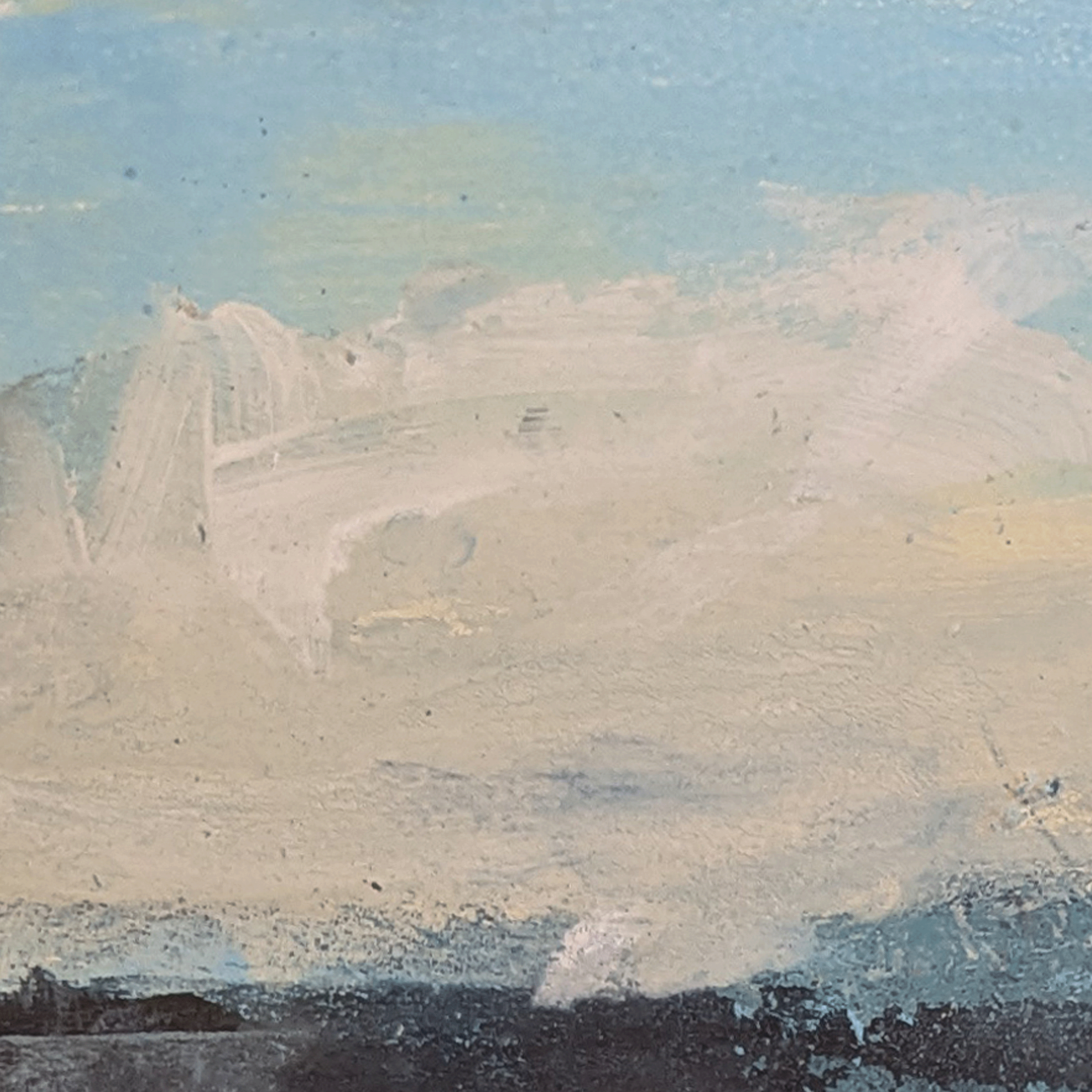 Close-up detail of Trace No. 02 showing blue, cream, white, and charcoal acrylic texture on paper