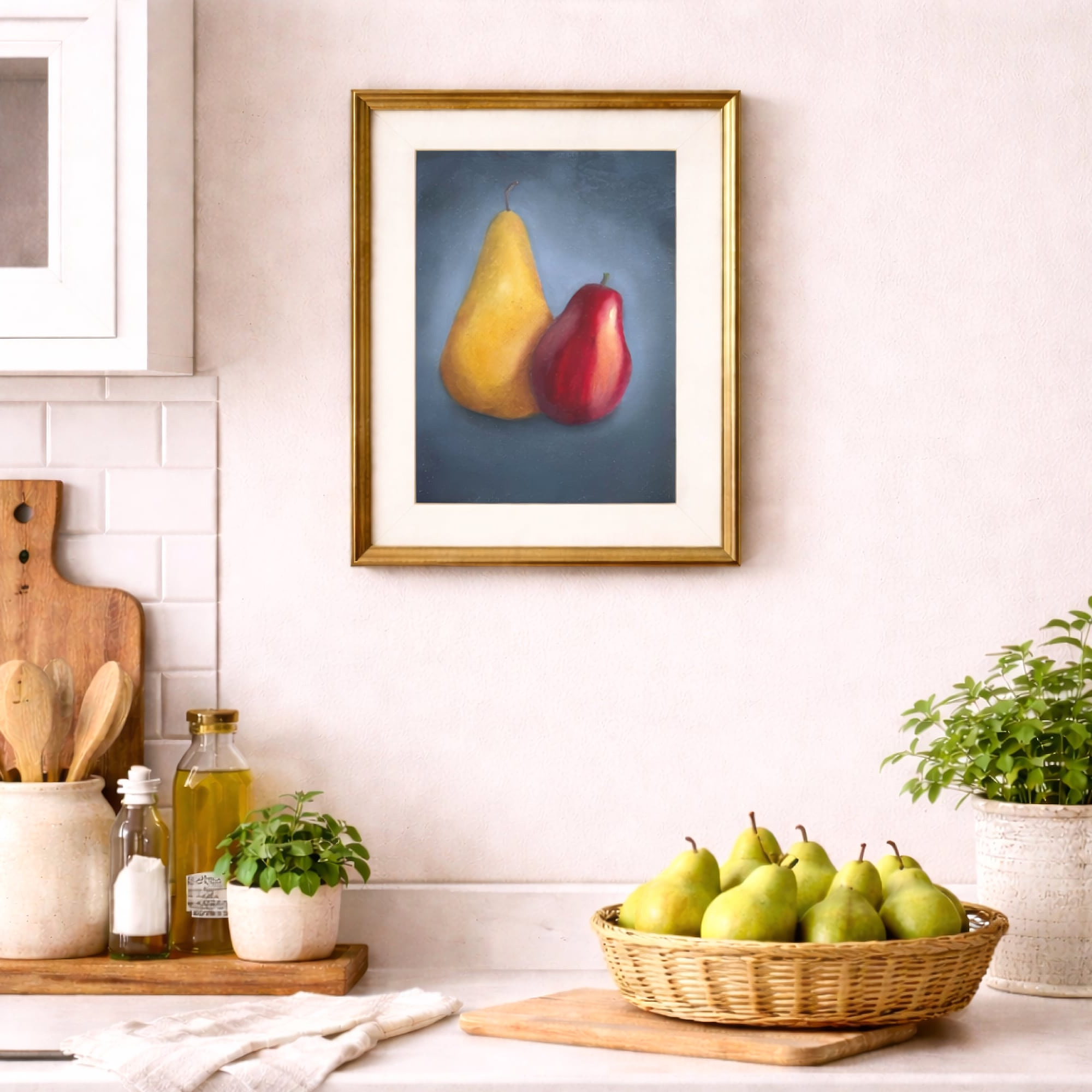 Two Pears Still Life Painting original oil painting by Tricia Sauls shown unframed on canvas