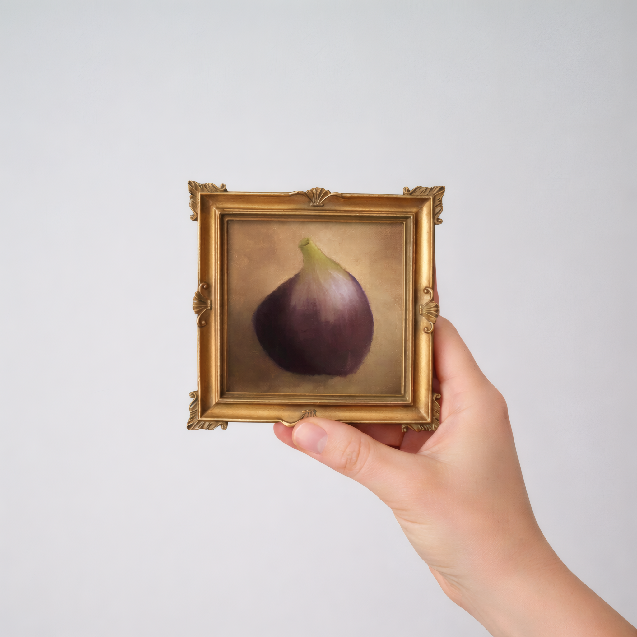 Fig Mini Still Life Painting by Tricia Sauls shown framed for presentation