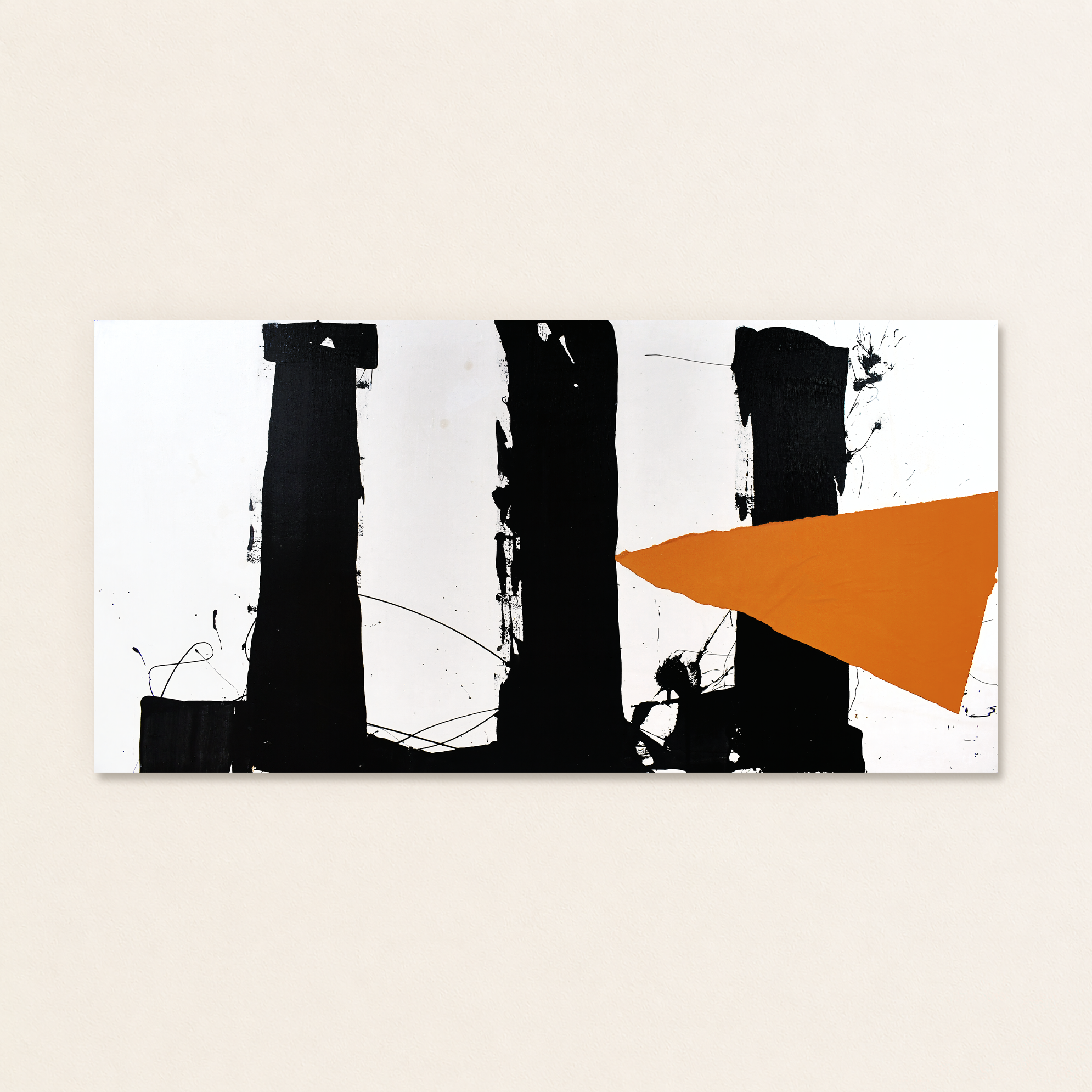 Reset No. 05 | Disruption, an original acrylic abstract painting by Dean Sauls on a 48 x 12 inch floating wood panel with black gestural forms and a sharp orange field.