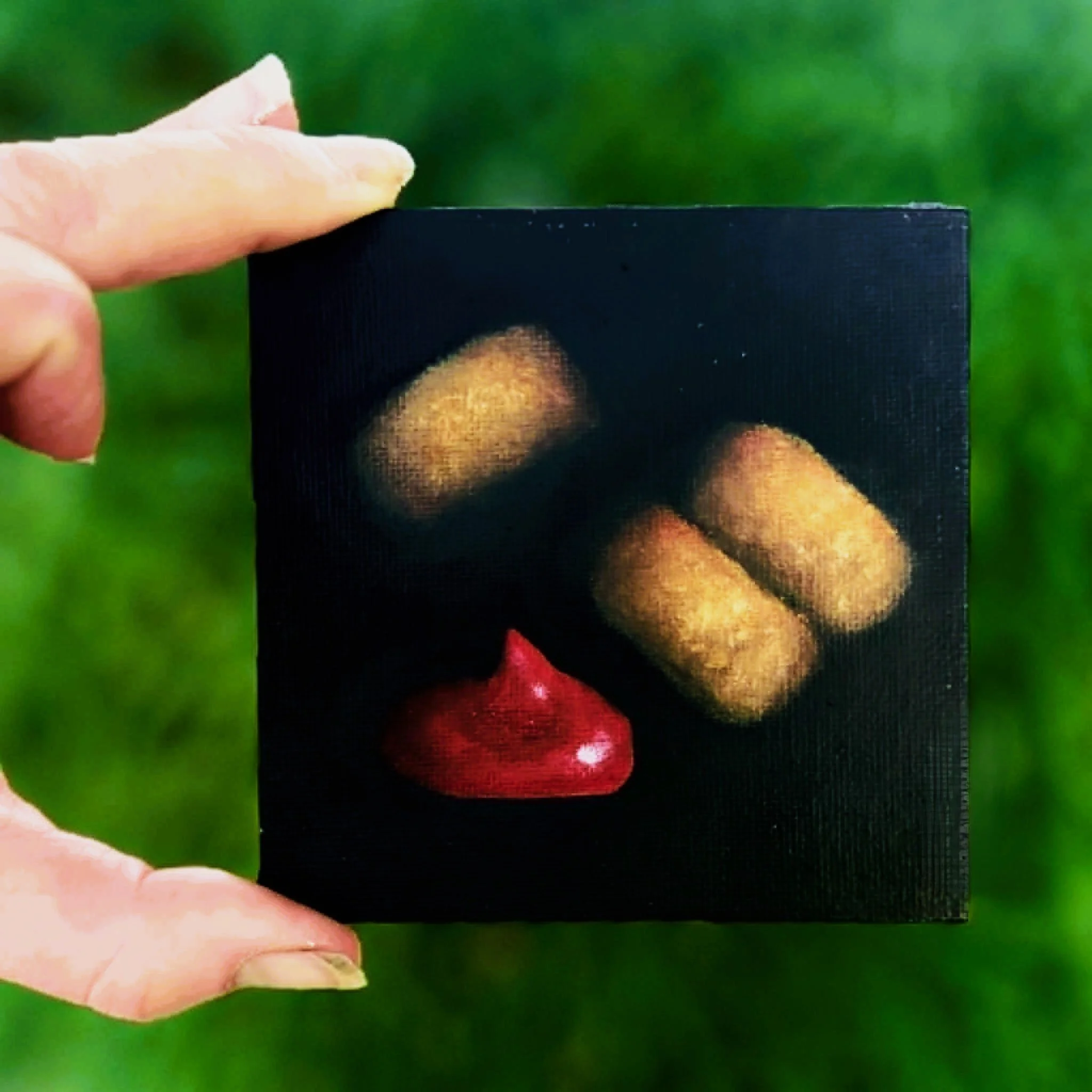Small square tater tot oil painting shown on canvas board, ready to frame or display as part of a kitchen or collected wall grouping.